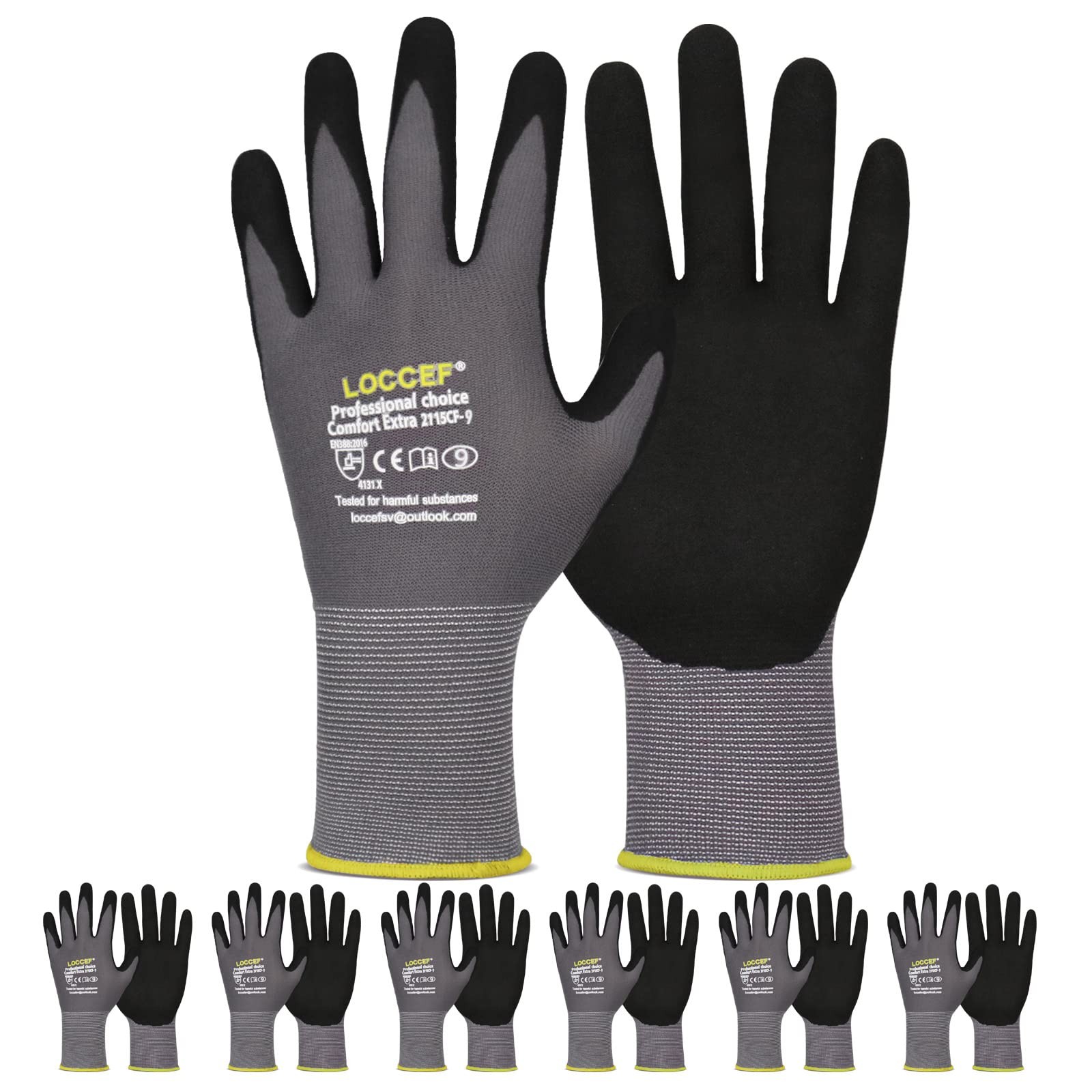 LOCCEF Work Gloves MicroFoam Nitrile Coated-6 Pairs,Seamless Knit Nylon Gloves,G