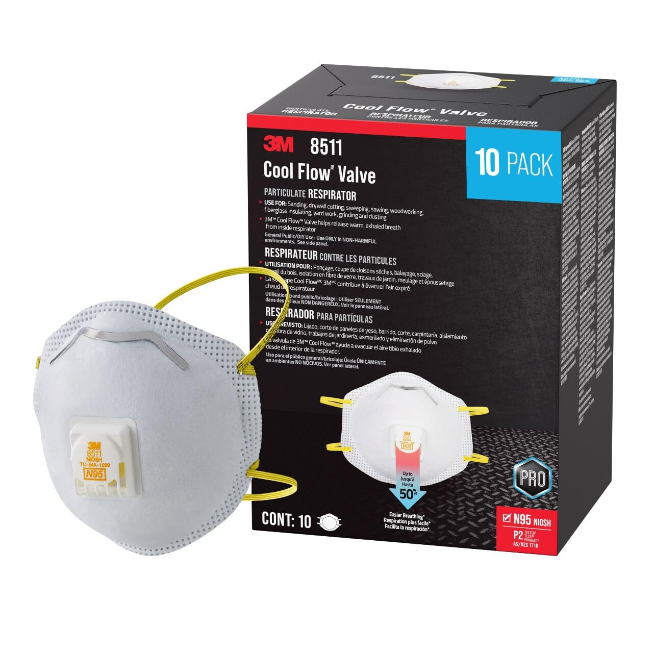 3M N95 Respirator 8511, Cool Flow Valve, 10 Pack, NIOSH-APPROVED, Advanced Filte