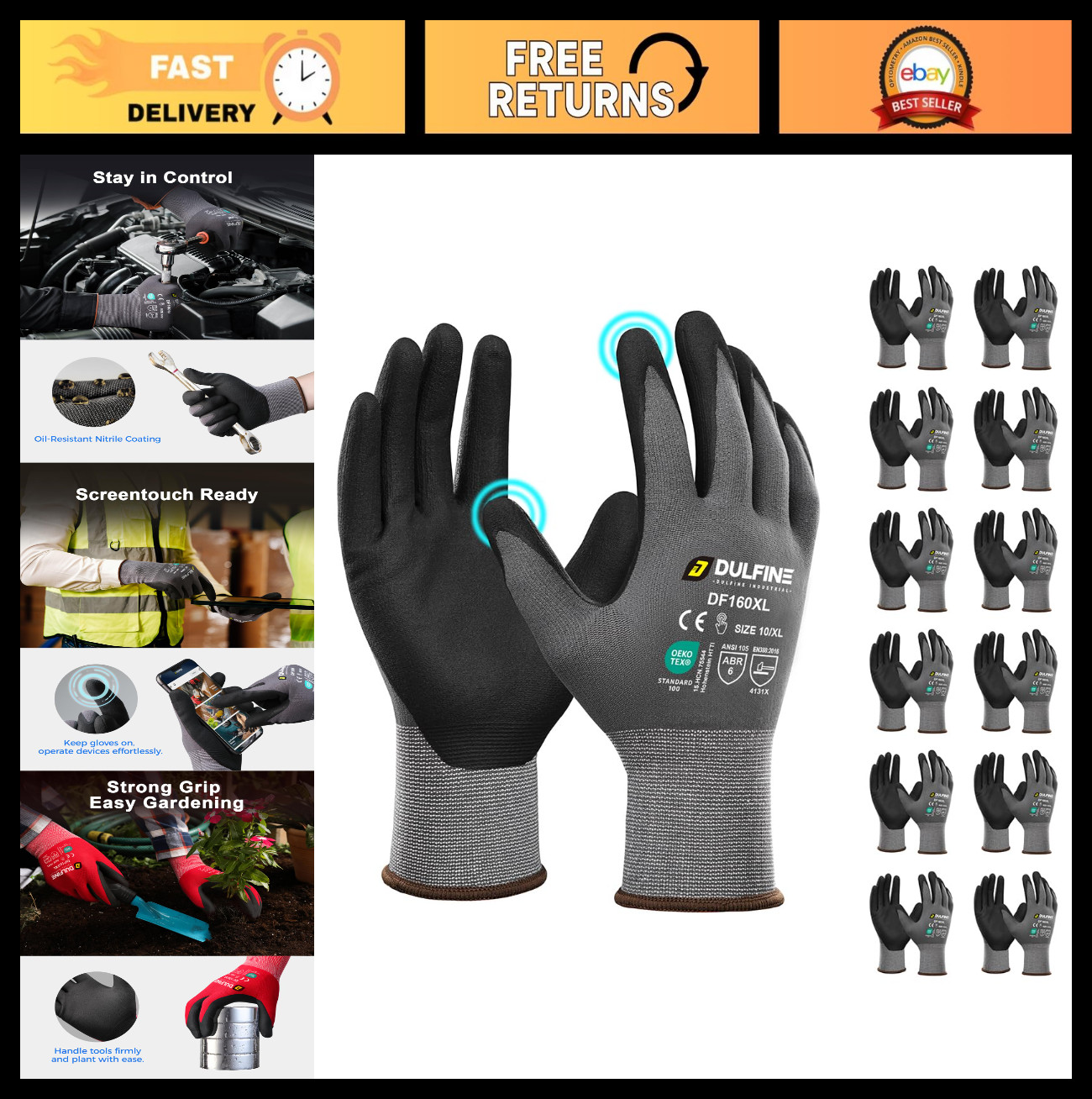 MicroFoam Nitrile Coated Work Gloves 3/12/36 Pairs – Strong Grip, Touchscreen, S