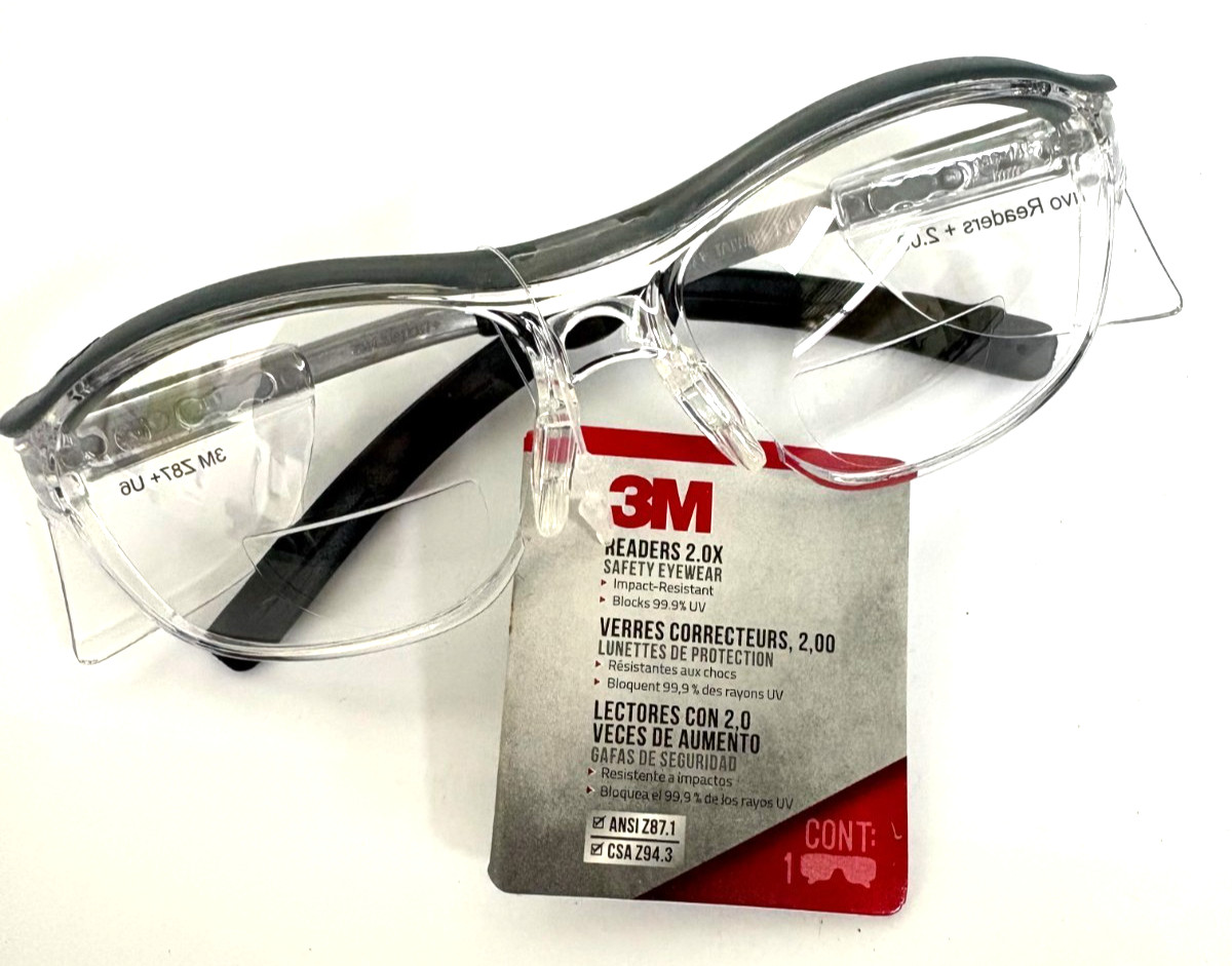 3M READERS SAFETY GLASSES +2.00 BLACK FRAME CLEAR LENS 91192HI-C