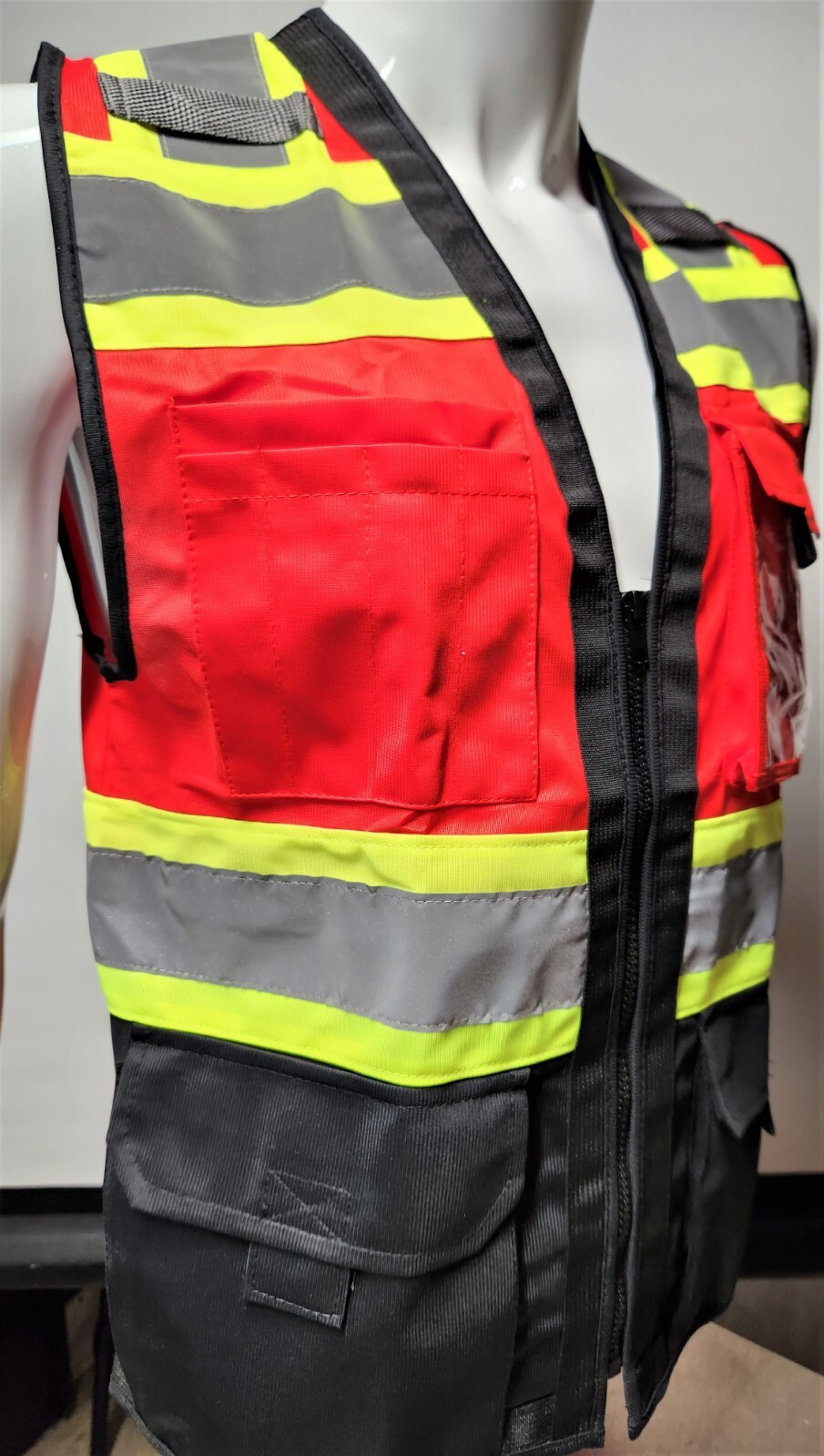 Class 1 High Visibility Reflective Red / Black Safety Vest with ID Pocket