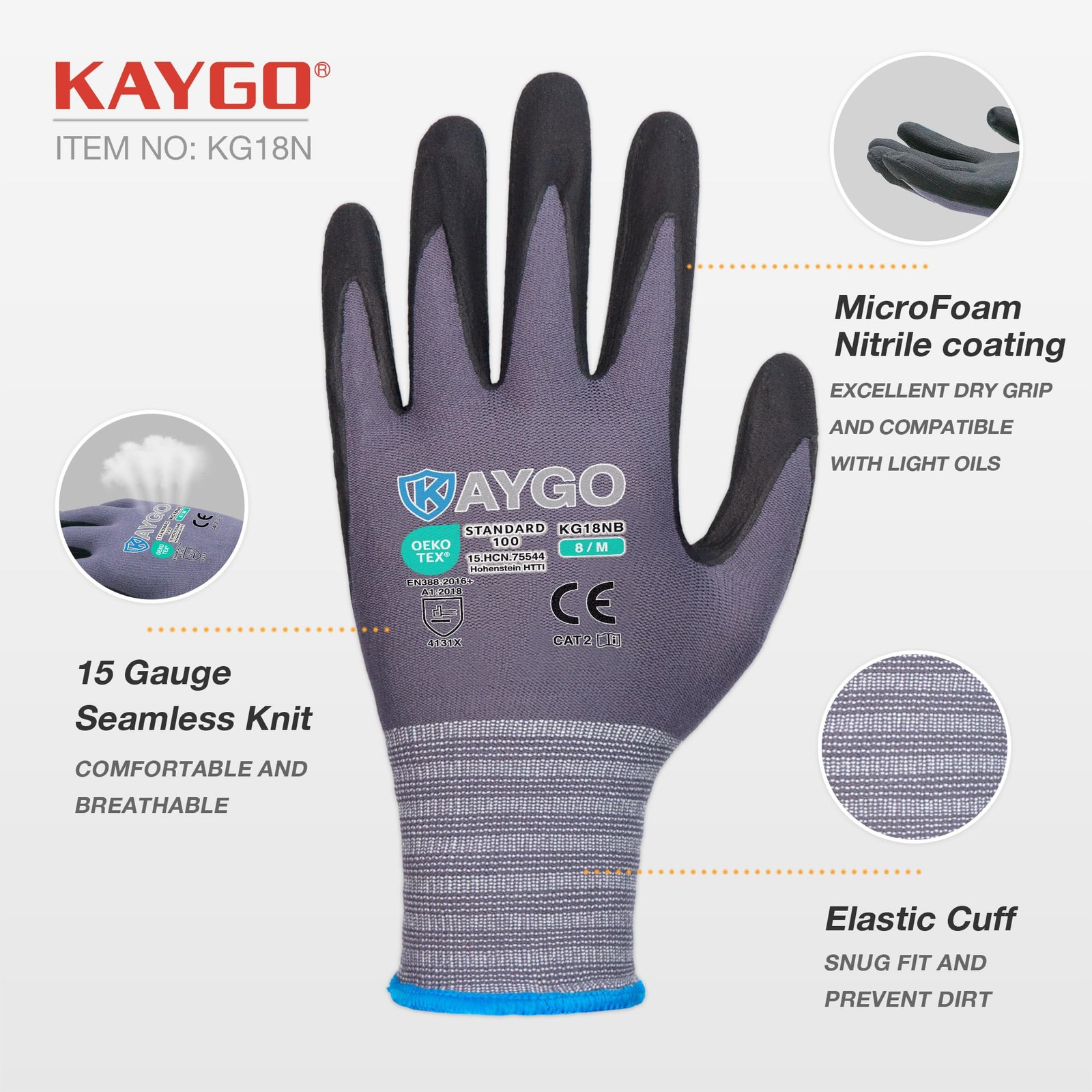 Safety Work Gloves MicroFoam Nitrile Coated-12 Pairs, KG18NB,Seamless Knit Nylon