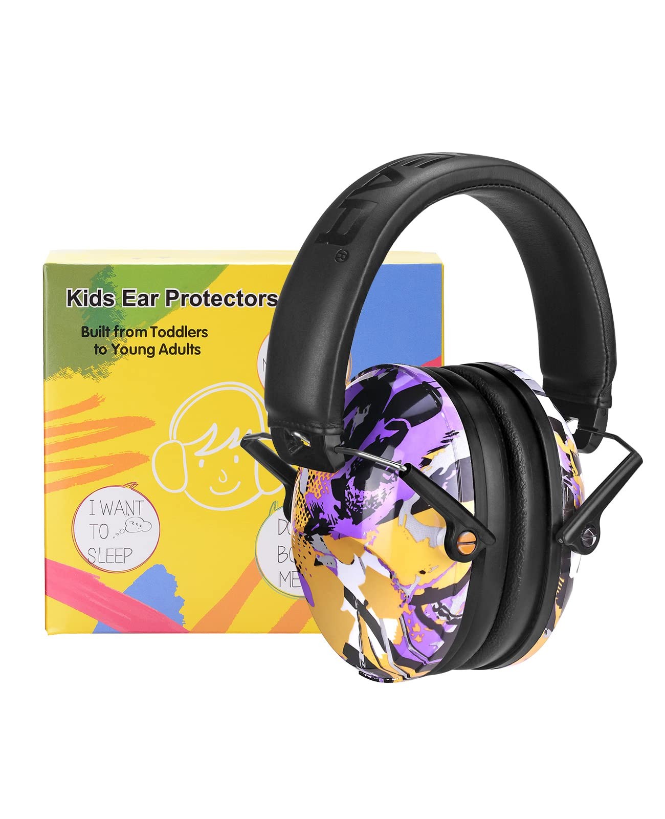 PROHEAR 032 Kids Ear Protection, NRR Large, Purple/Yellow Graffiti Pattern