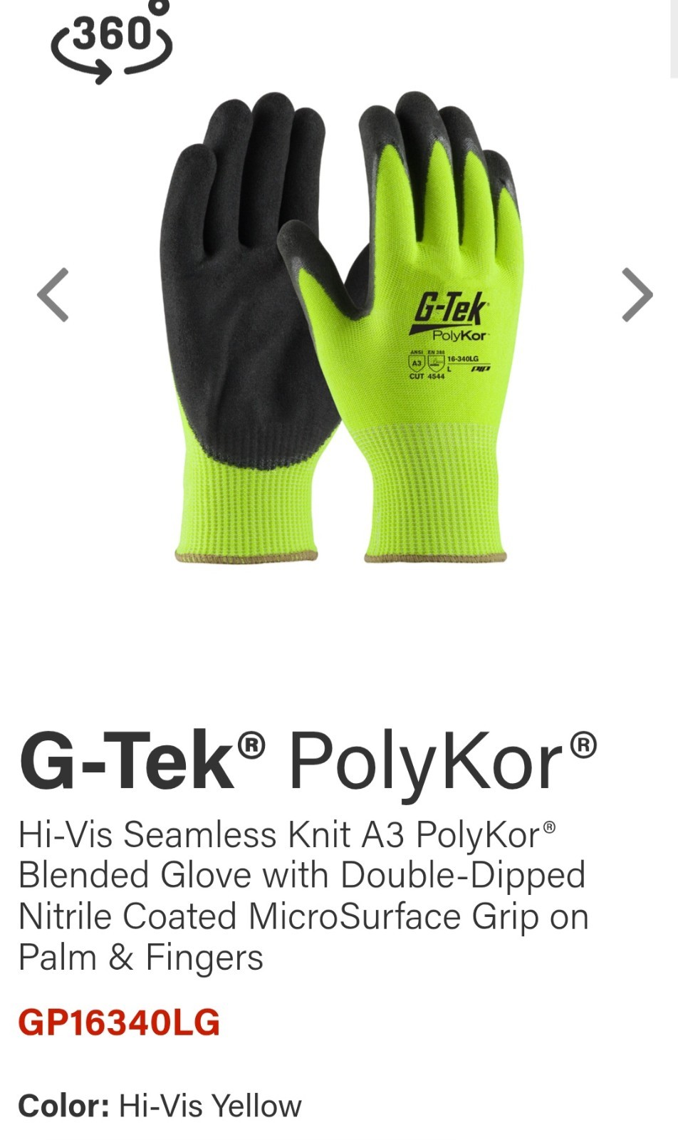 PIP G-Tek PolyKor 16-340LG Work Gloves Medium Hi-Vis Nitrile Coated ANSI Cut A3