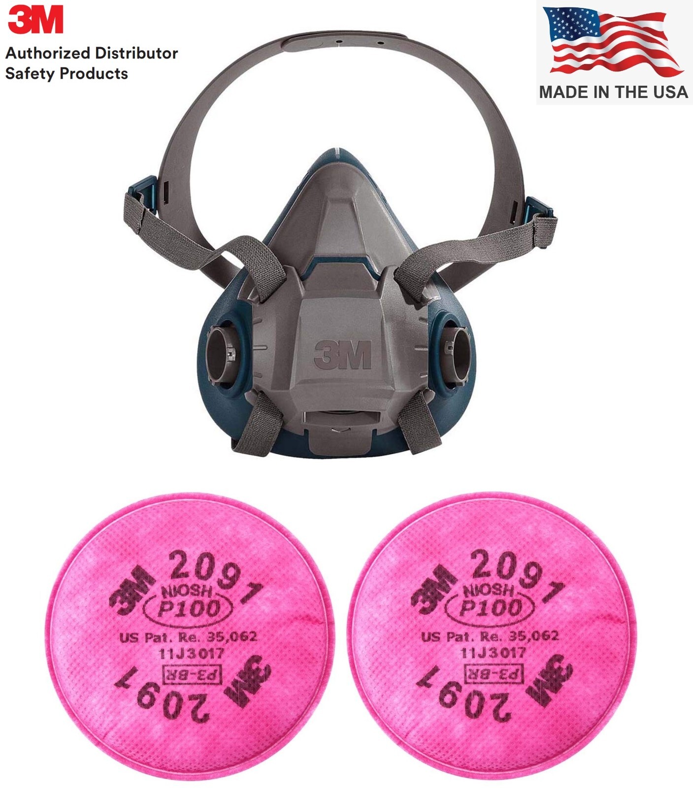 3M HALF FACE RESPIRATOR FACEPIECE MASK & 2- 2091 P100 PARTICULATE FILTER MEDIUM