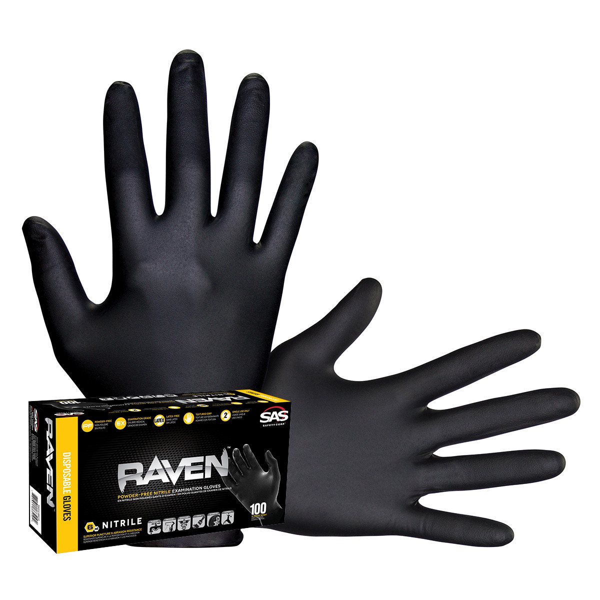 SAS Safety Raven Black 7mil PF Nitrile Gloves, Small (pk of 100) 66516