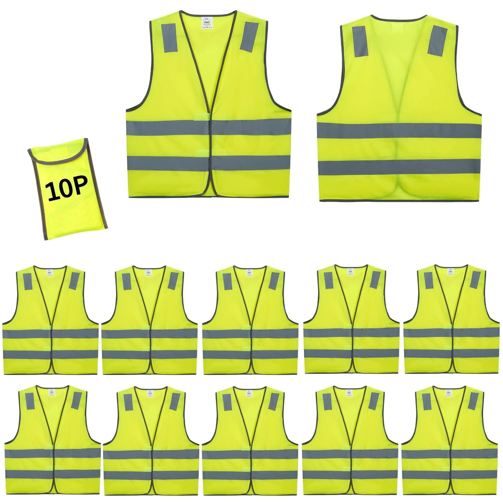 Safety Vests 10 Pack Yellow Reflective High Visibility Construction ANSI Cla…