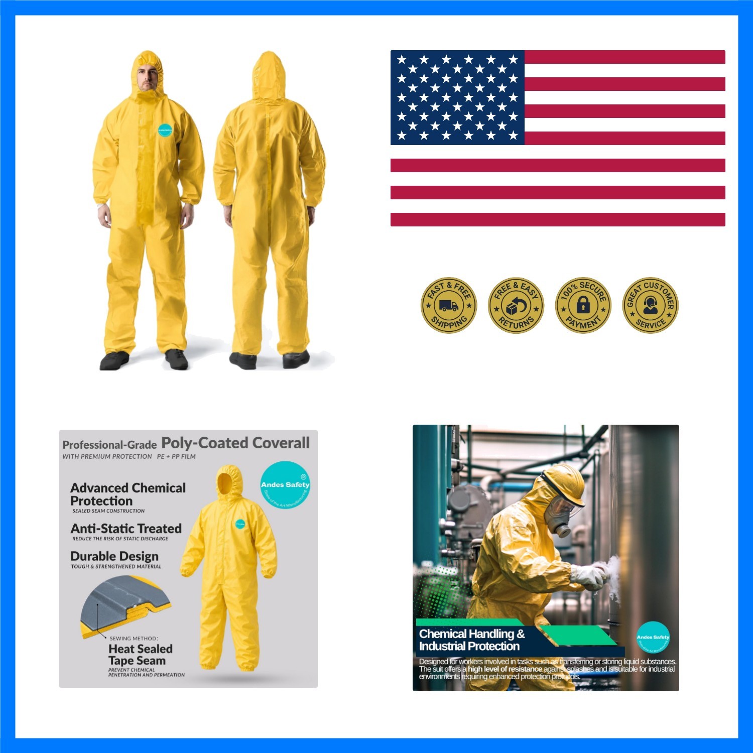 Durable Andes Chemical Hazmat Suit with Hood – X-Large Protective Coverall