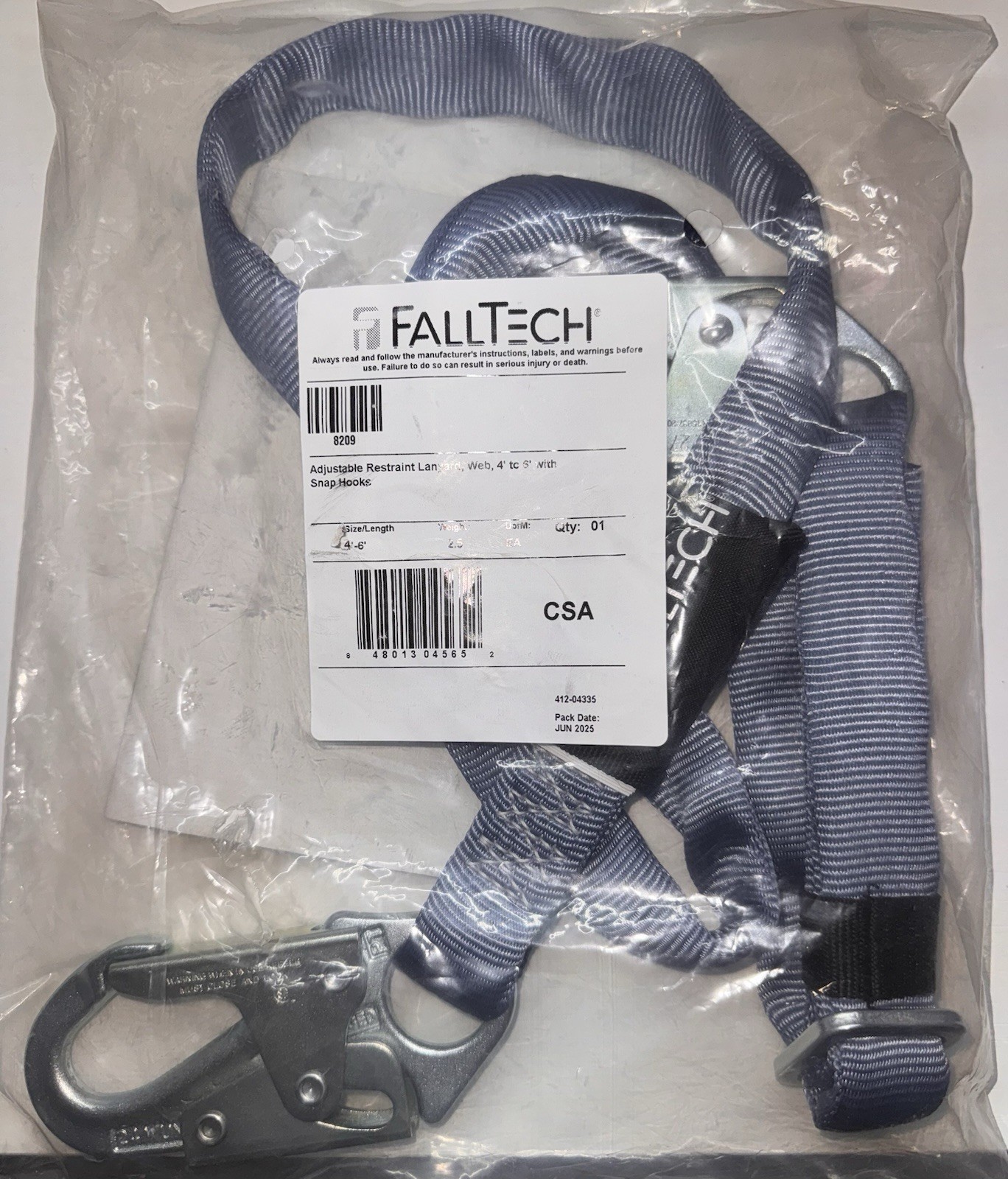 FallTech 8209 4′ to 6′ Restraint Lanyard Adjustable Single Leg with 2 Snap Hooks
