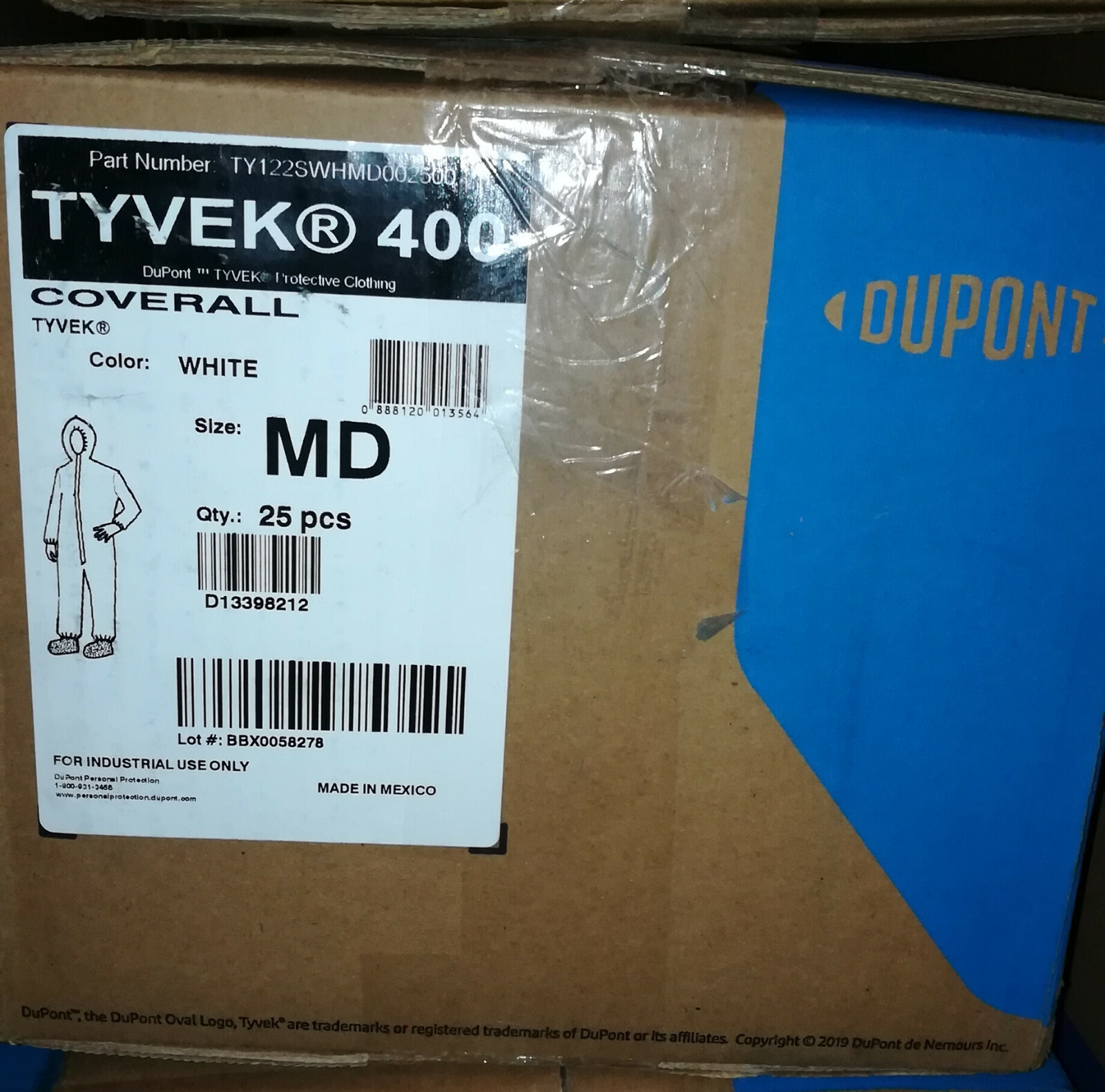 Case of 25 DuPont Tyvek Coverall with Hood and Boots, TY122S, Size M