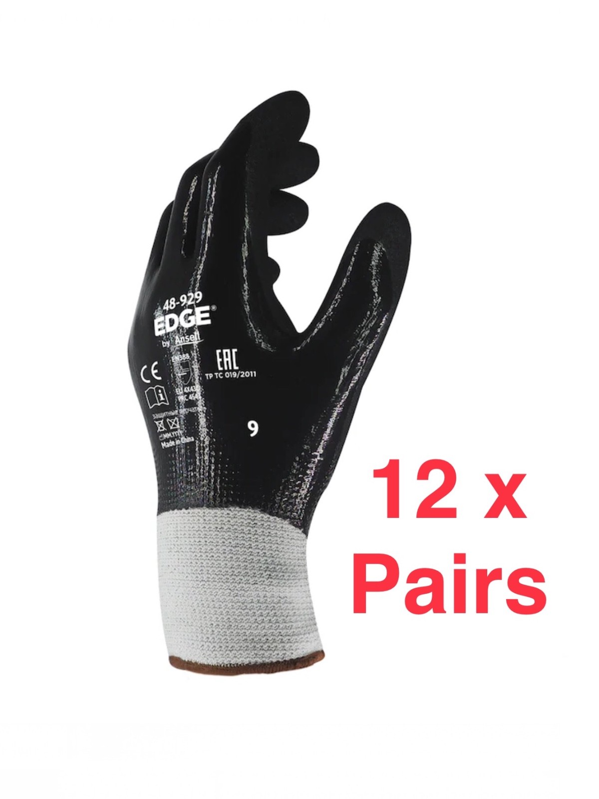 12 pairs Ansell EDGE GLOVES 48-929 Superior Grip Cut & Oil Resistant SIZE: 10/XL