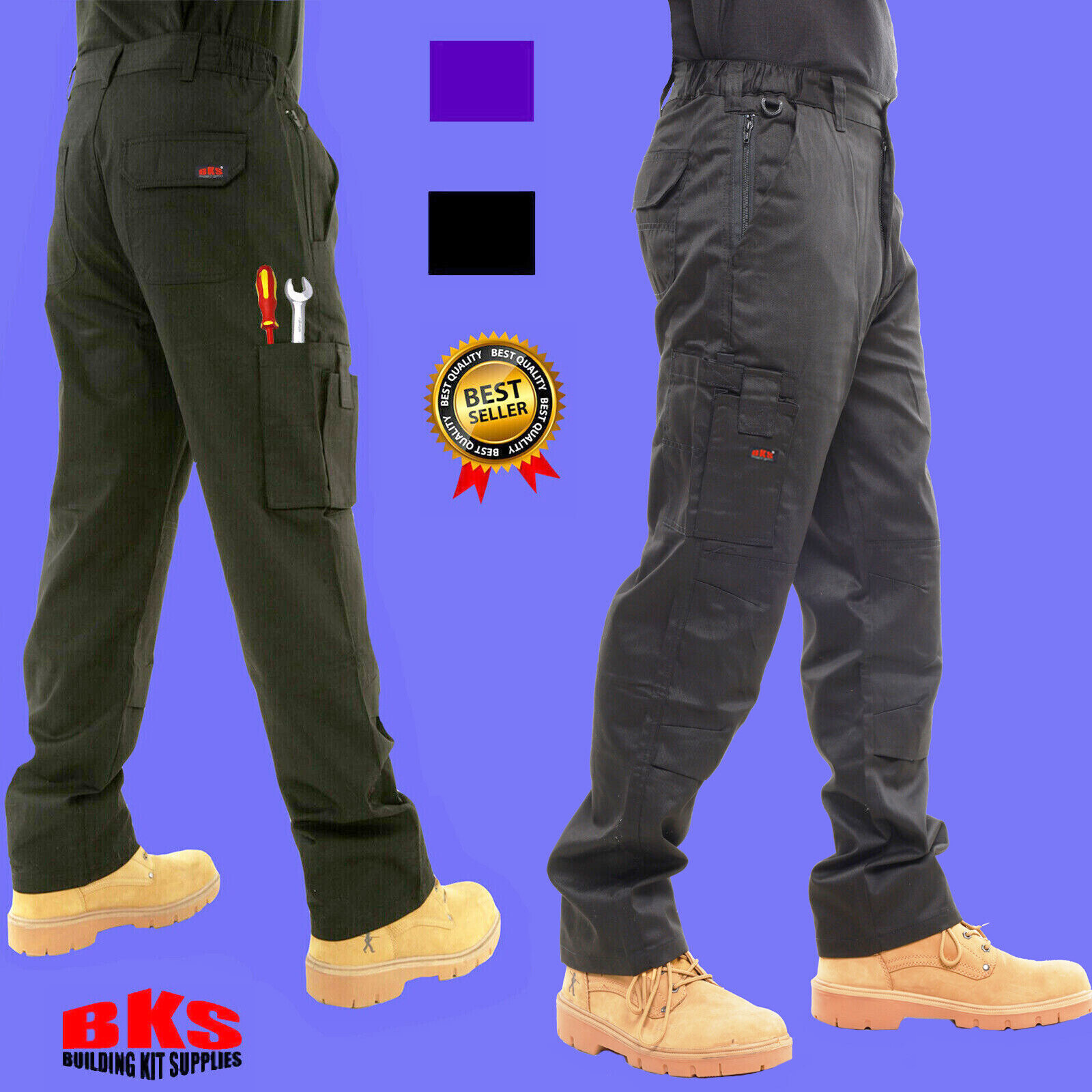 Mens Cargo Combat Work Trousers with Knee Pad Pockets by BKS – BLACK or NAVY