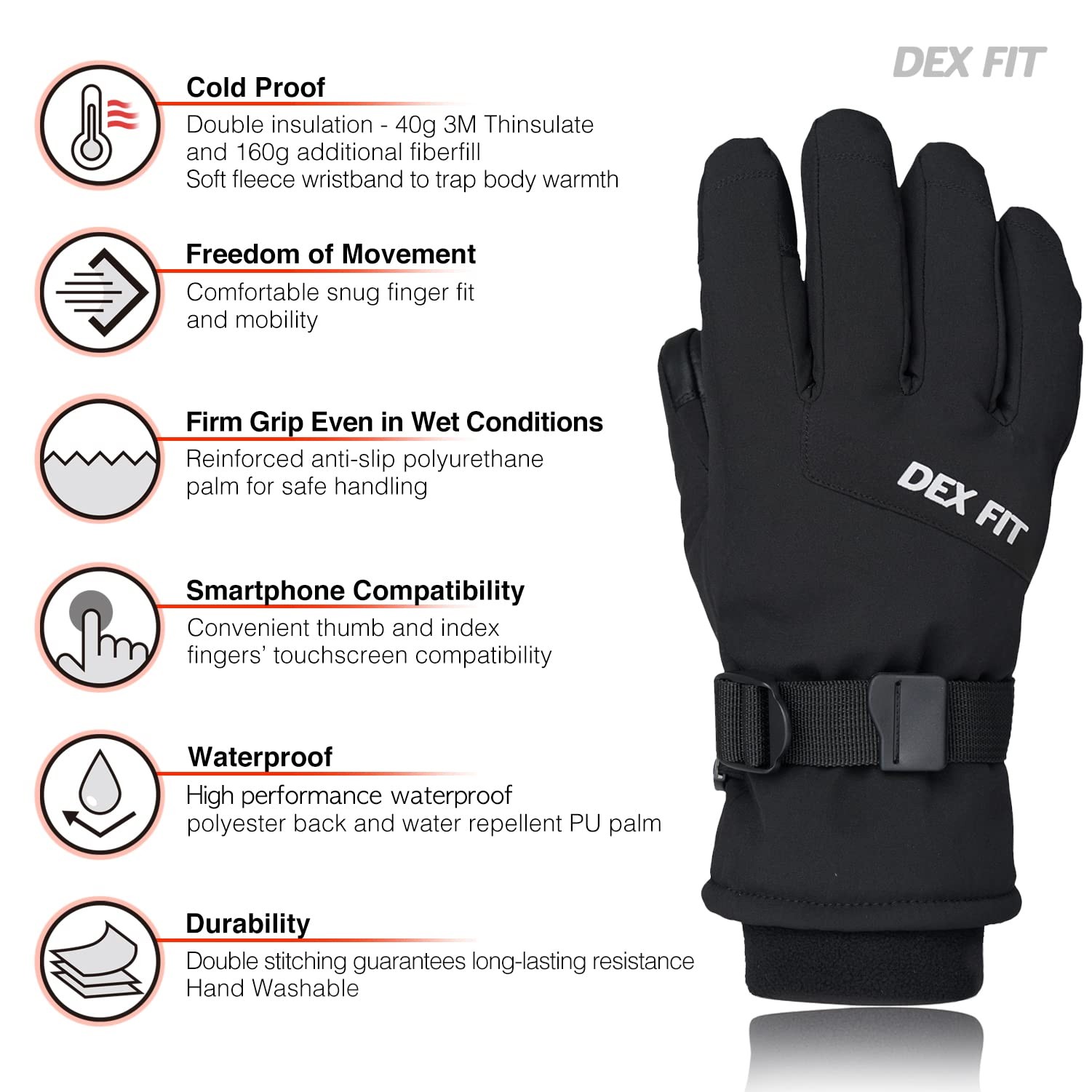 DEX FIT Coldproof Warm Winter Gloves WG201, Waterproof, Double Thermal Protectio