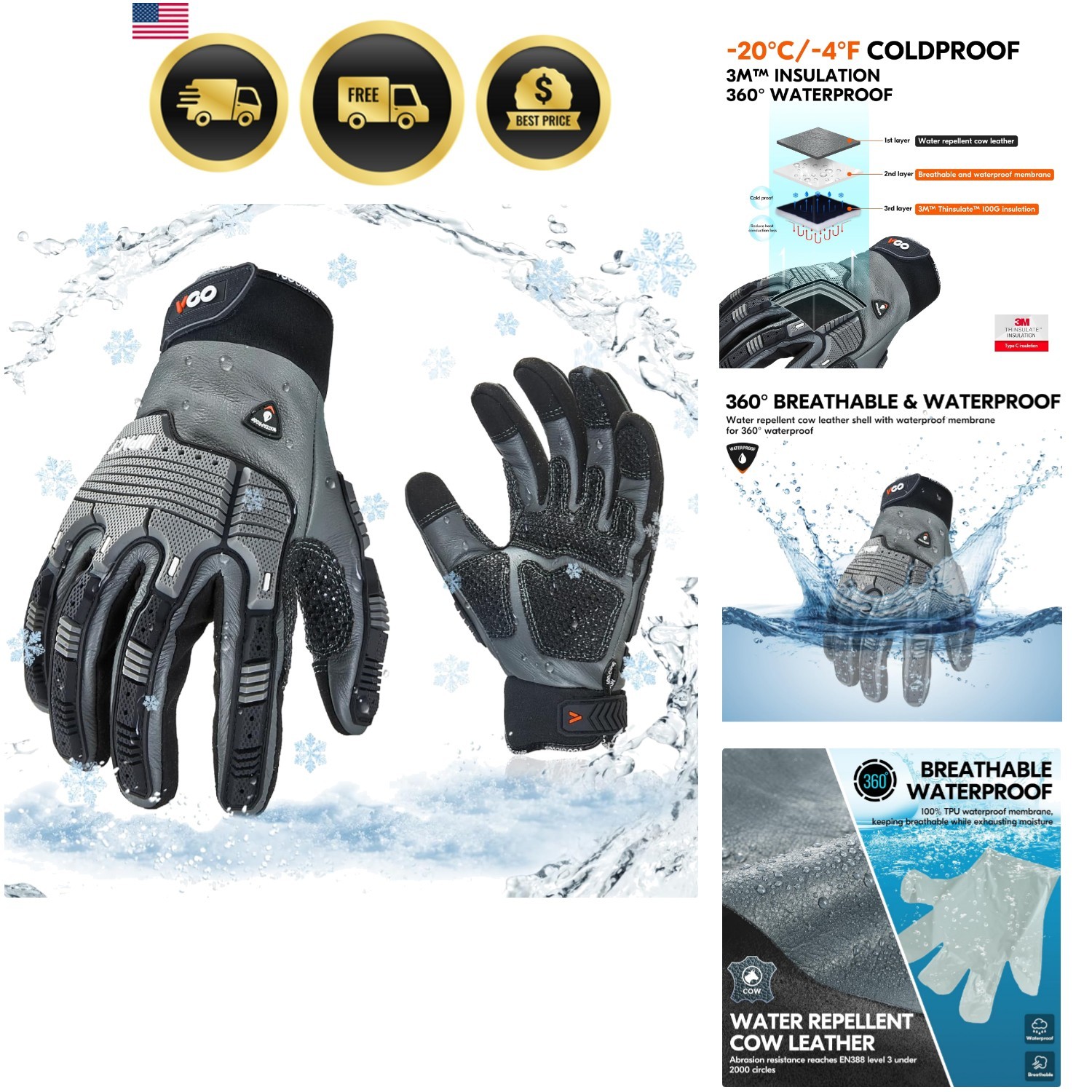 1 Pair -20℃/-4°F COLDPROOF,Winter Work Leather Gloves,Impact Gloves,Anti-Vibr…