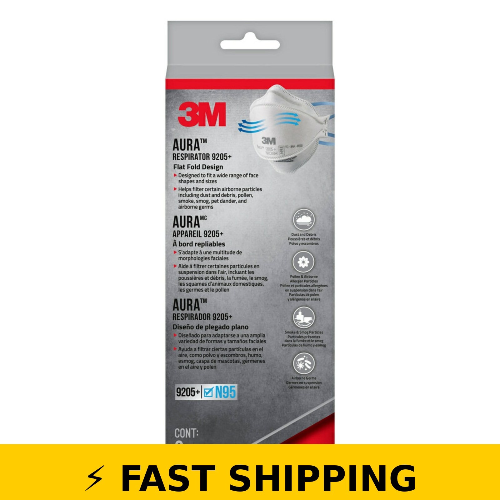 3M Aura N95 Particulate Respirator 9205+ – White, 3 Pack