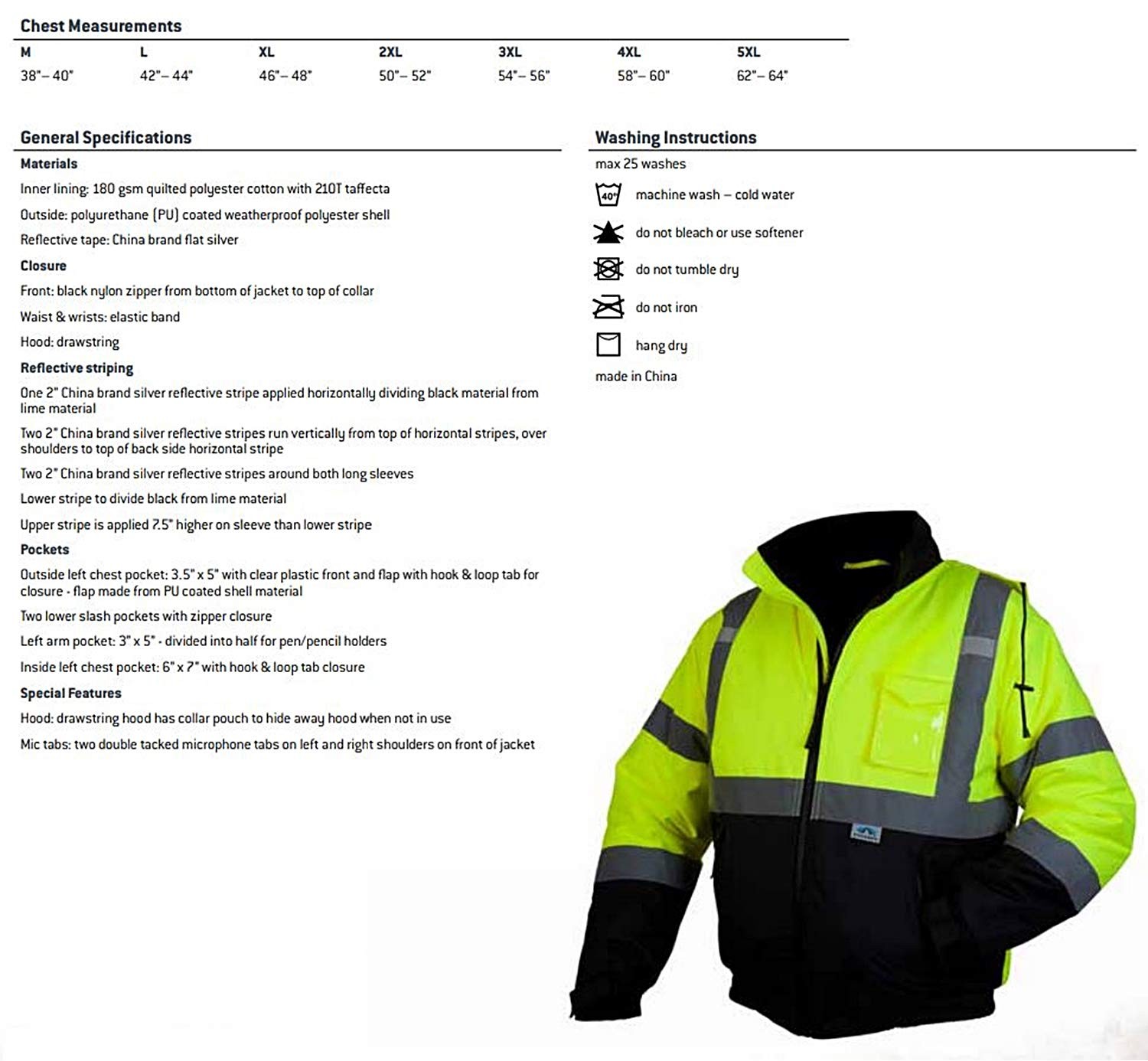 Safety RJ3210M Safety Bomber Jacket with Quilted Lining, Hi-Vis Lime, Medium