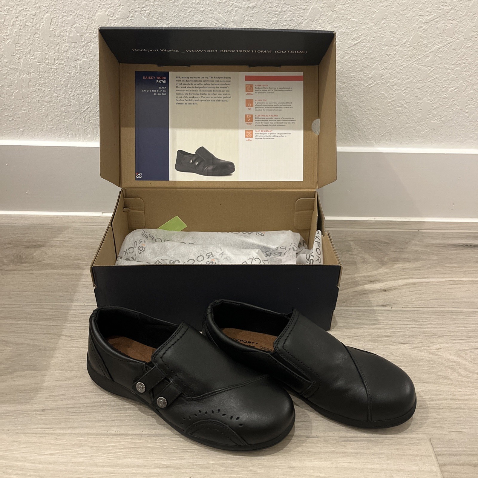 Rockport Works Women’s Size 6.5W Black Leather Daisey Safety Toe Slip-On RK761