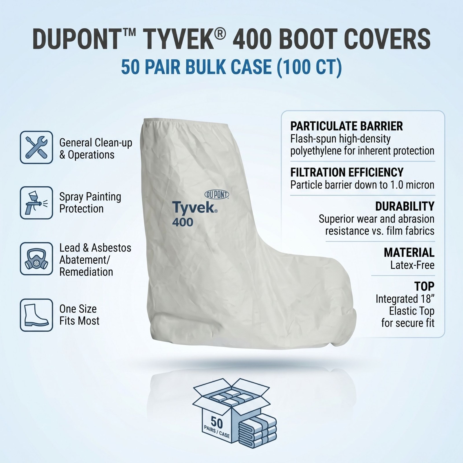 DuPont Tyvek 400 Disposable Boot Covers – 50 Pair Case – 18″ High Elastic Top