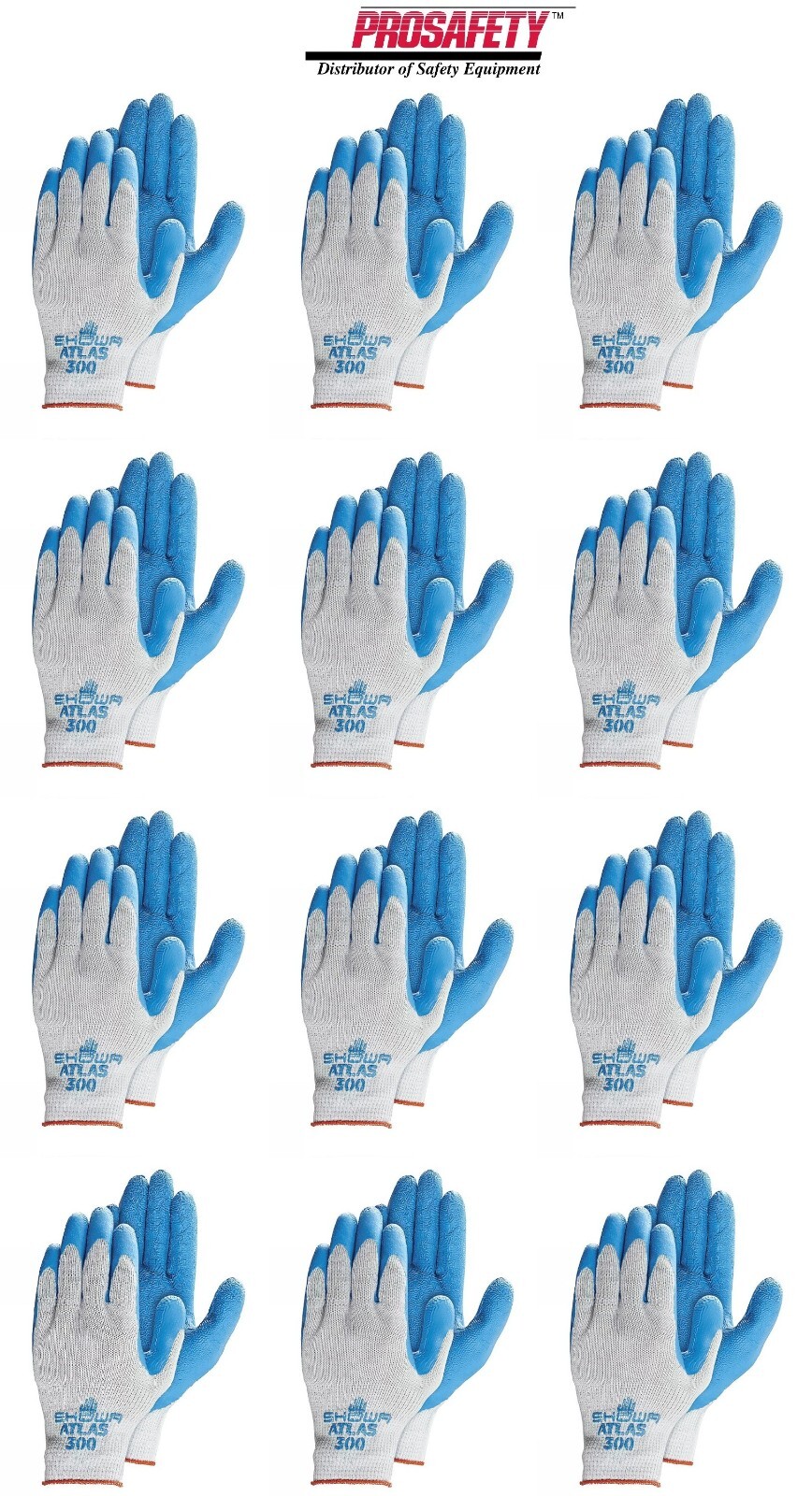 Showa Atlas 300 Rubber Palm Coated BLUE General Purpose WORK GLOVES 12 PR LARGE