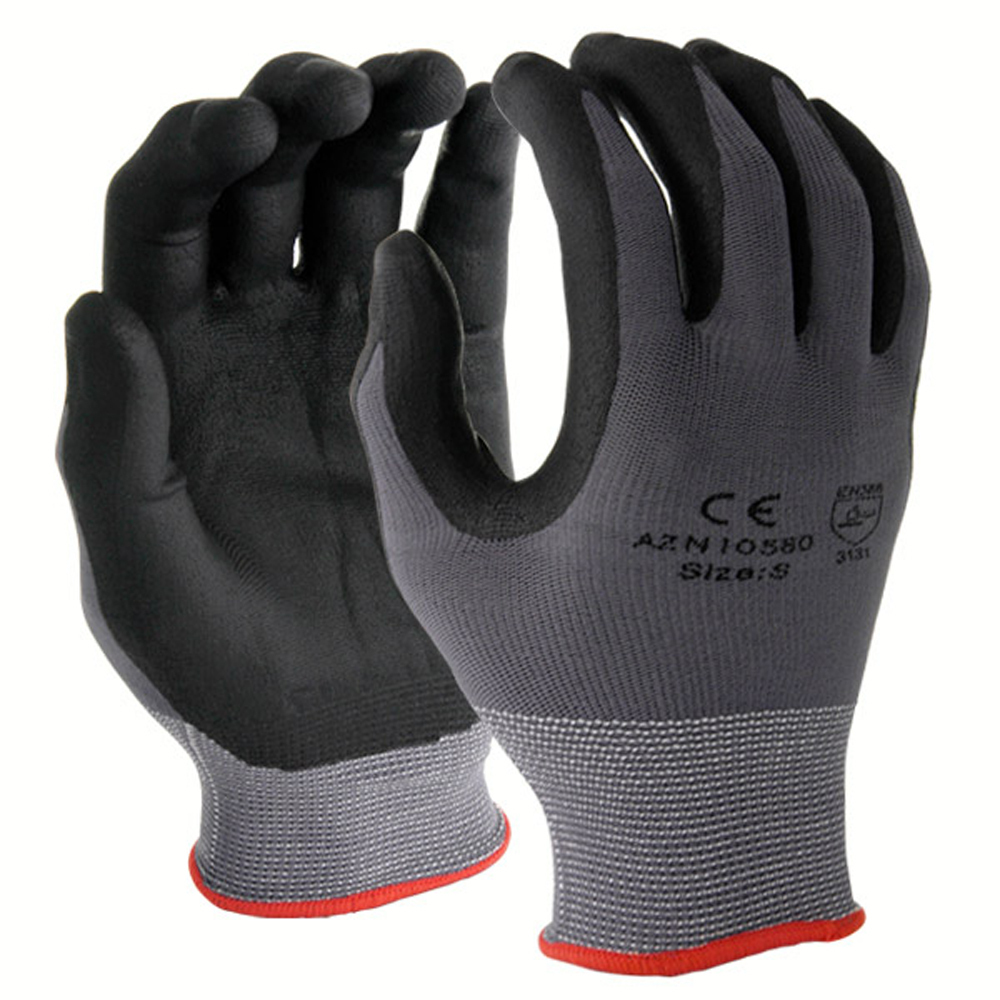 12Pairs Black/Gray 13Gauge Nylon Machine Knit Micro Foam PU coating Glove-Medium