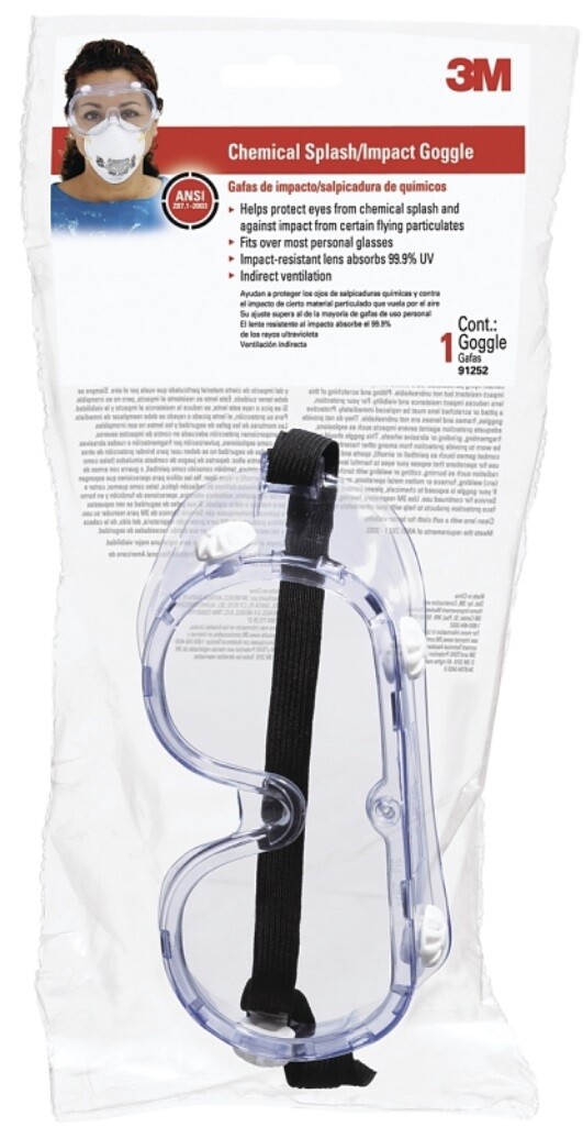 3M 91252H1-DC Tekk Protection Polycarbonate Chemical Splash Impact Safety Goggle