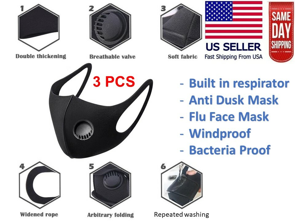 1PCS or 3PCS Respirator Filter Black Face Fashion Mask Washable Reusable Unisex