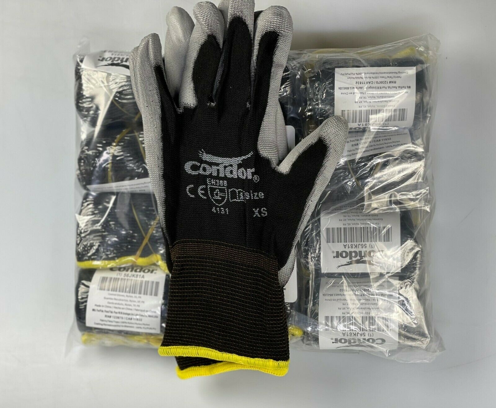 144 PAIRS CONDOR COATED BLACK/GREY WORK GLOVE 100% NYLON SHELL PU PALM (XXS-3XL)