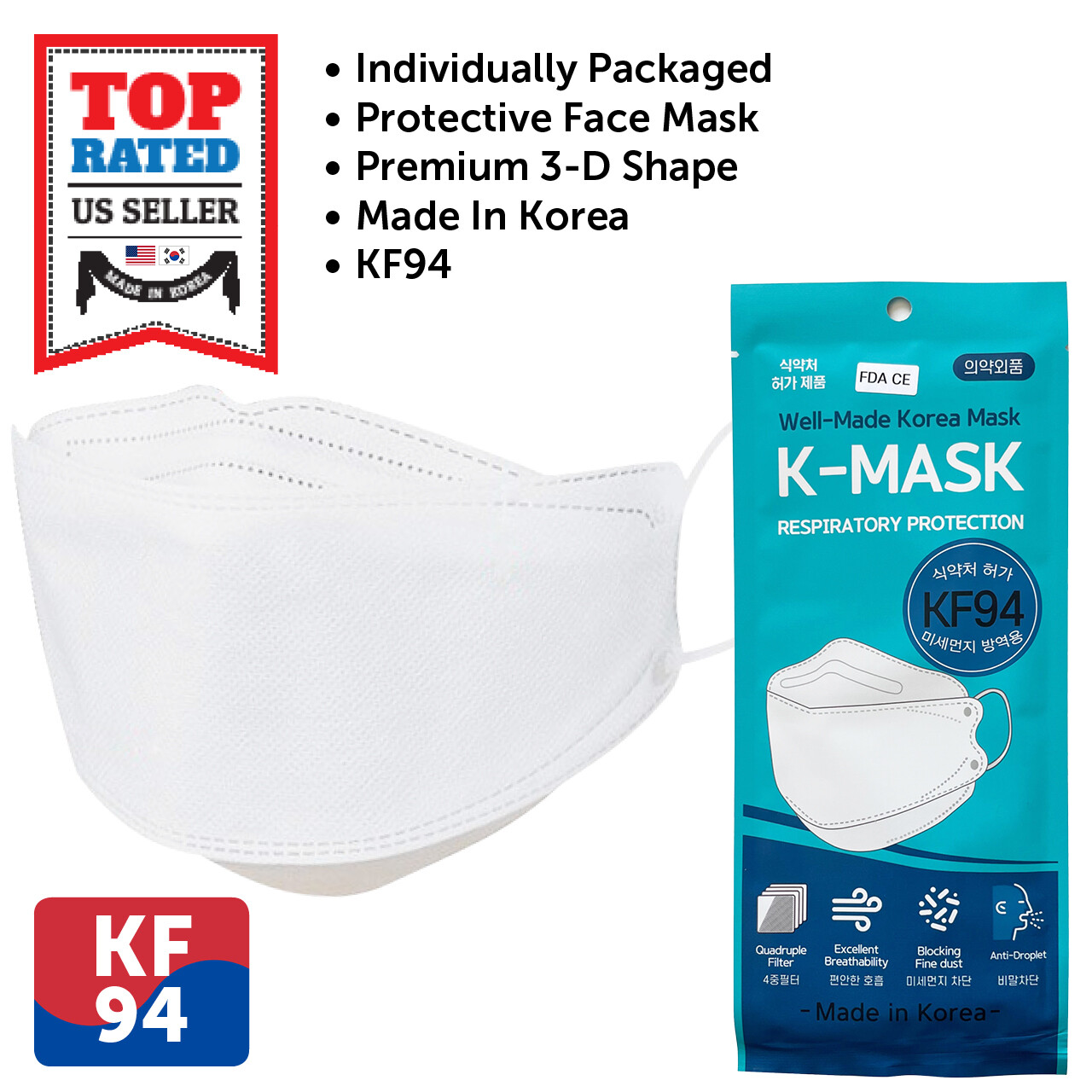 20-100 PCS K-MASK KF94 Face Mask WHITE 4 Layer Safety Protective Made in Korea