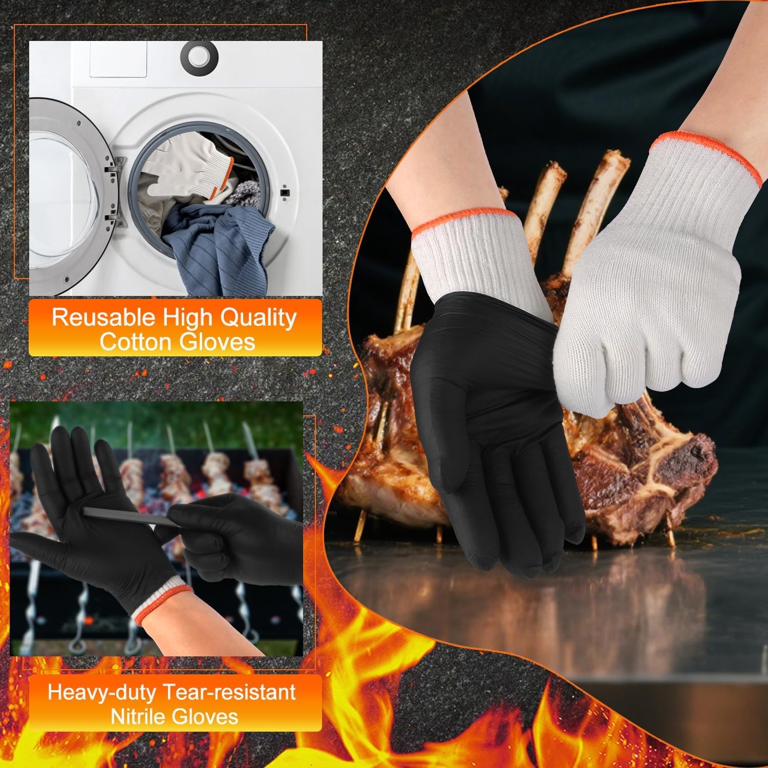 BBQ Gloves 50 Disposable Nitrile with 2 Reusable Cotton Liners Heat Resistant XL