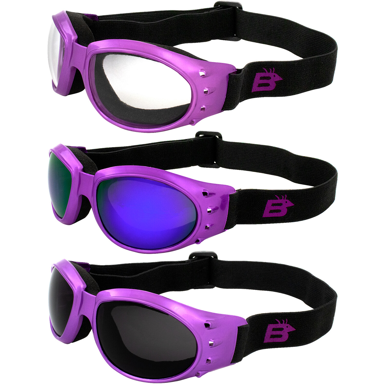 3 Birdz Eyewear Eagle Women’s Purple Goggles Smoke Clear + Purple Mirror Lenses