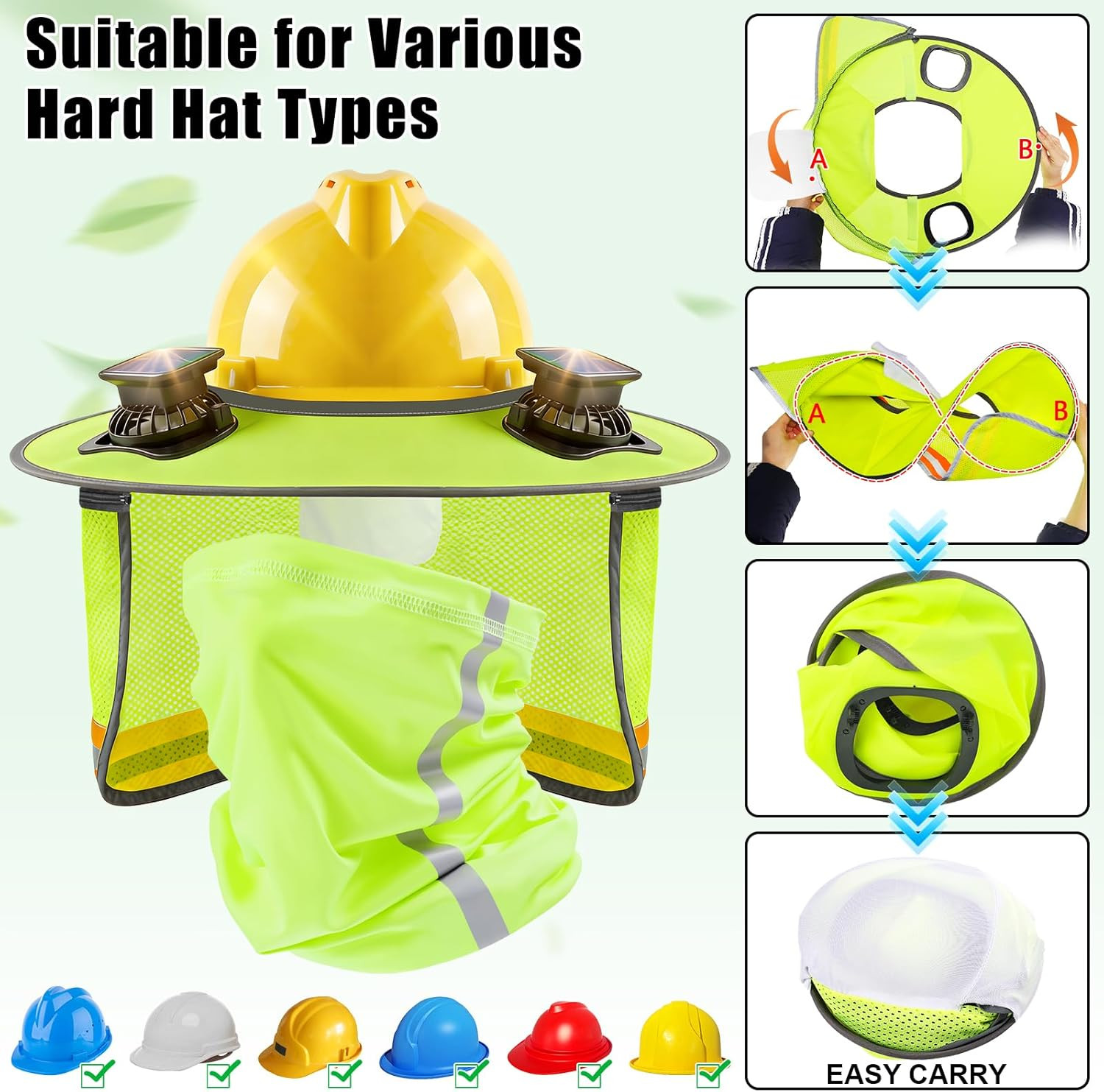 1 Set Hardhat Sun Shade Kit, Hard Hat Visor Sun Shade Full Brim with Solar Fans