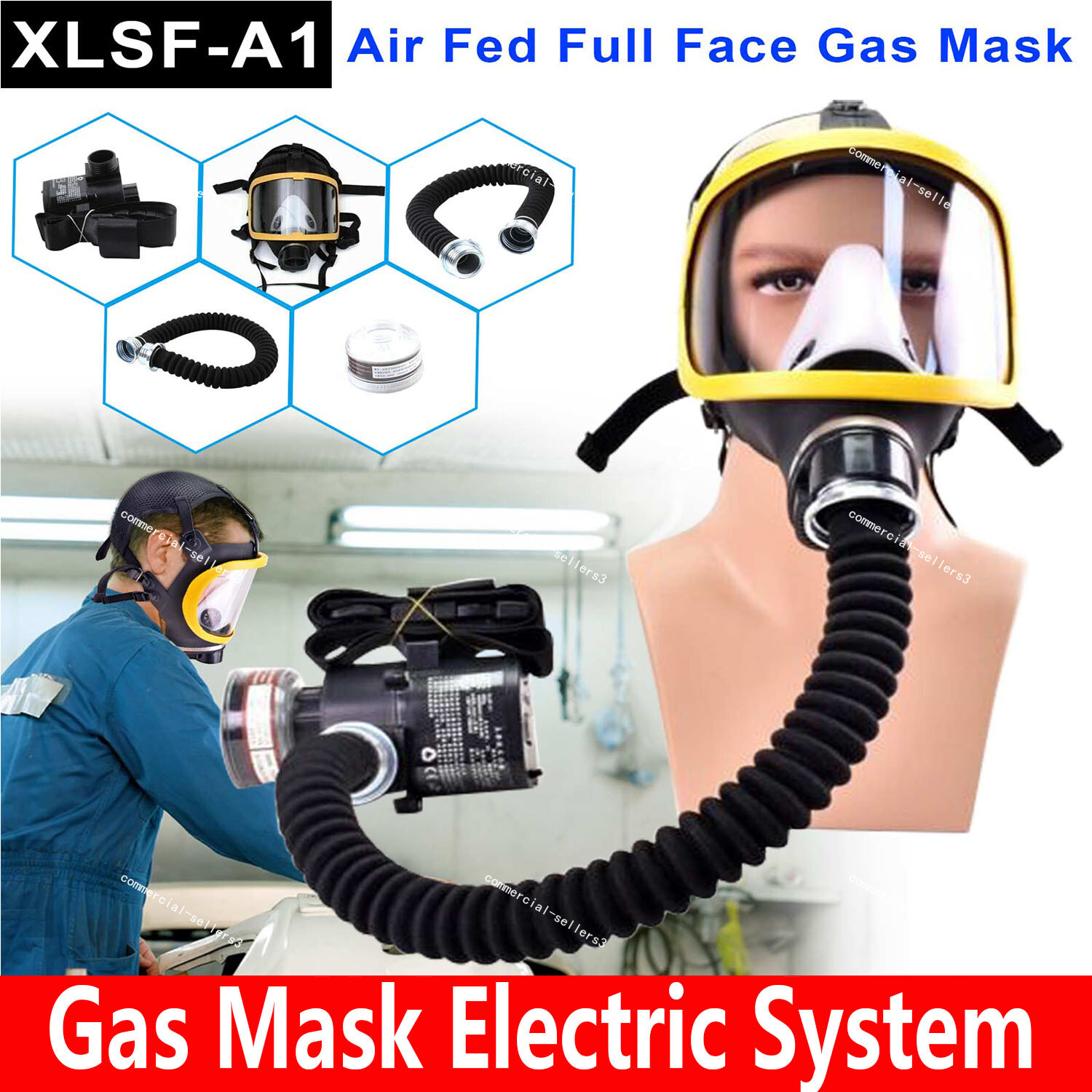 Electric Constant Flow Supplied Air Fed Full Face Gas Mask Respirator System NEW