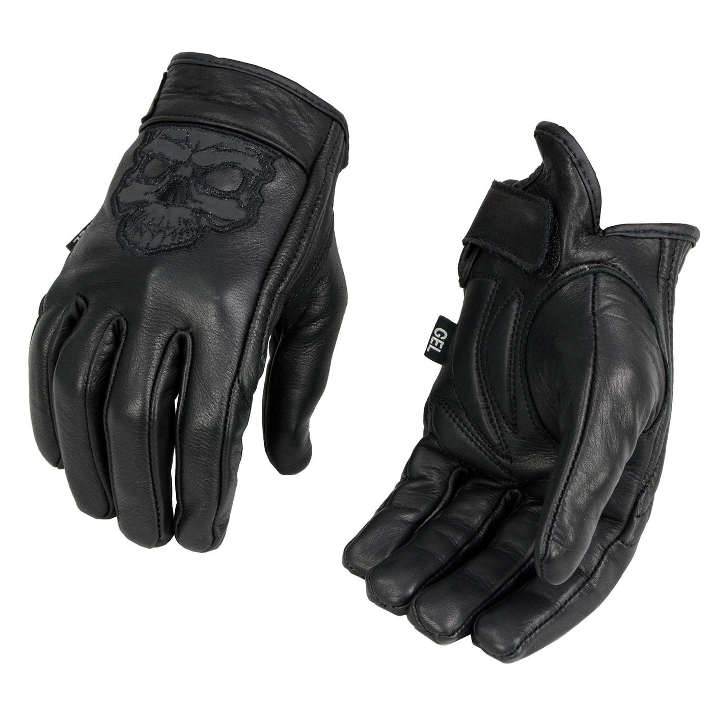 Men’s Black Leather ‘Reflective Skull’ Motorcycle Hand Gloves W/Gel Padded Pa…
