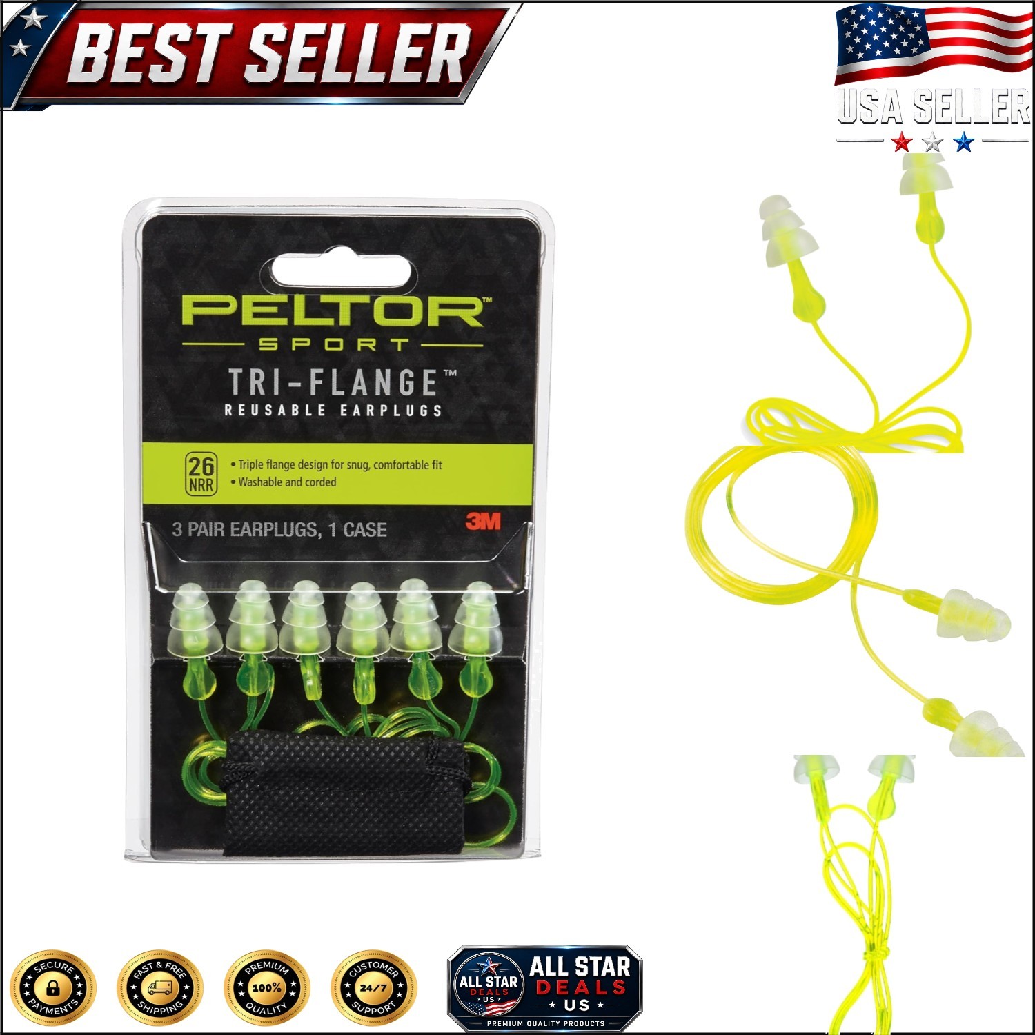 Sport Tri-Flange Corded Reusable Earplugs – NRR 26 dB, 3 Pairs in Neon Yellow