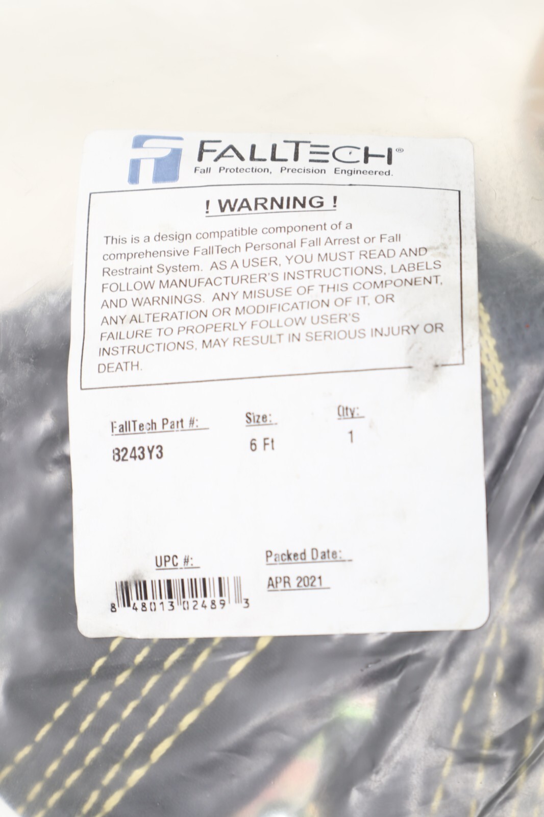 Falltech 8243Y3 Shock Absorbing Lanyard, 6 Ft., 310 Lb. Weight Capacity, Black