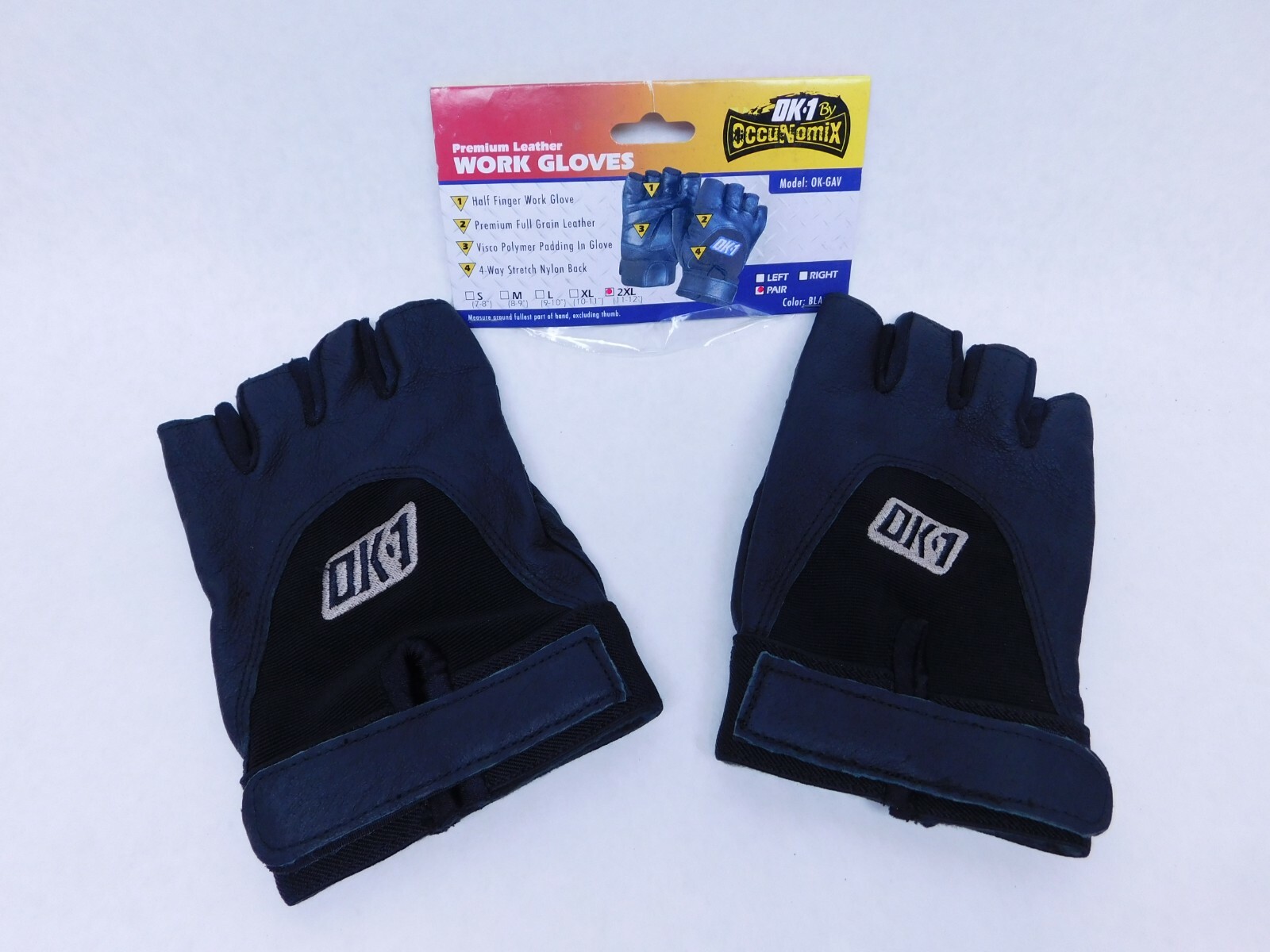 2XL Pair OK-1 Half Finger Leather Work Glove Left Right Black OK-GAV 2X Large HR