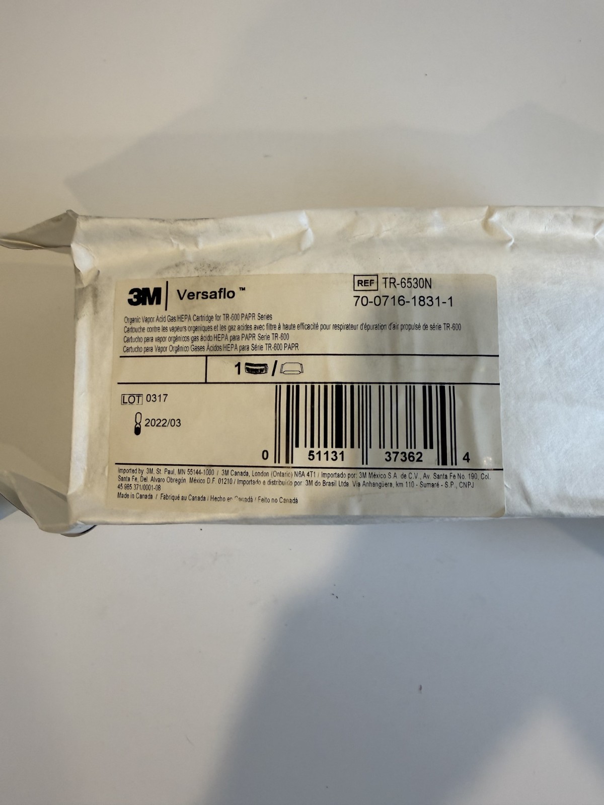 3M TR-6530N Versaflo Organic Vapor/Acid Gas/HEPA Cartridge for TR-600/800 PAPR