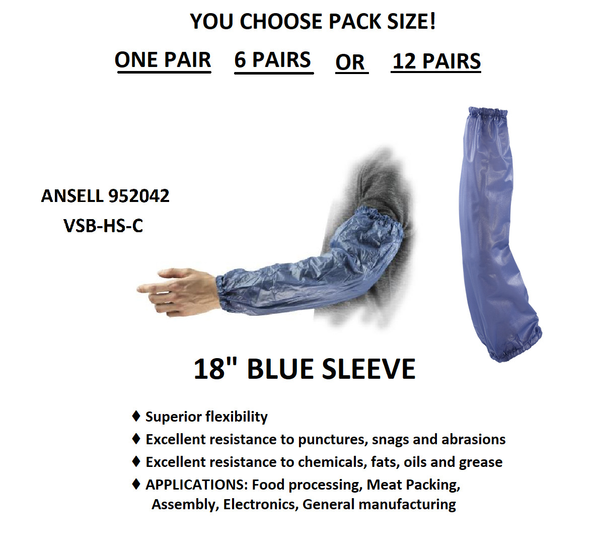 1, 6, or 12 PAIRS Ansell BLUE 18″ Long Sleeve Vinyl Chemical Splash Resistant HR