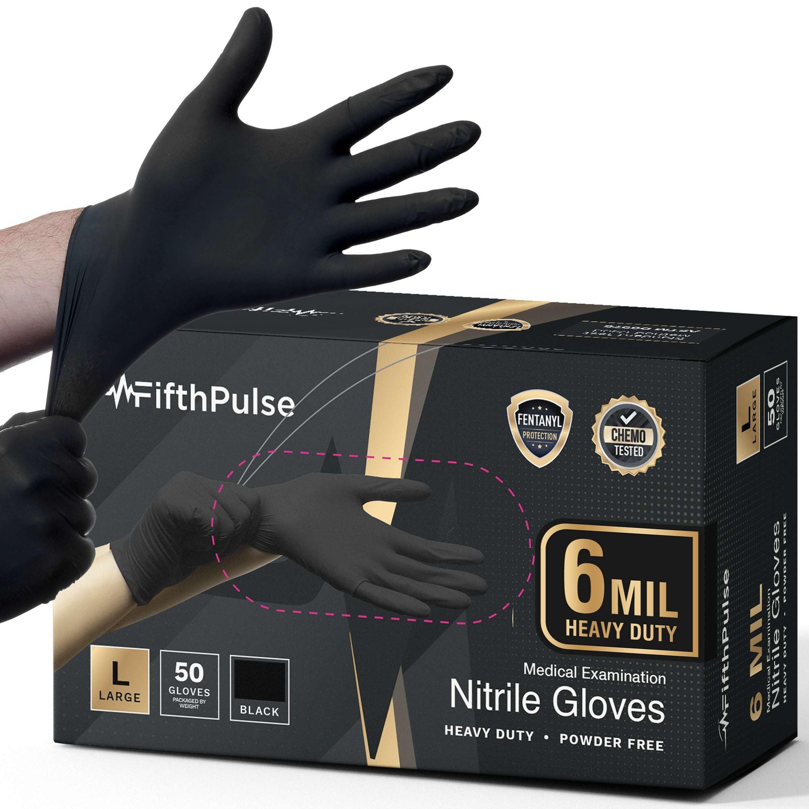 FifthPulse 6 Mil Black Nitrile Gloves Large, Heavy-Duty Disposable Gloves for…