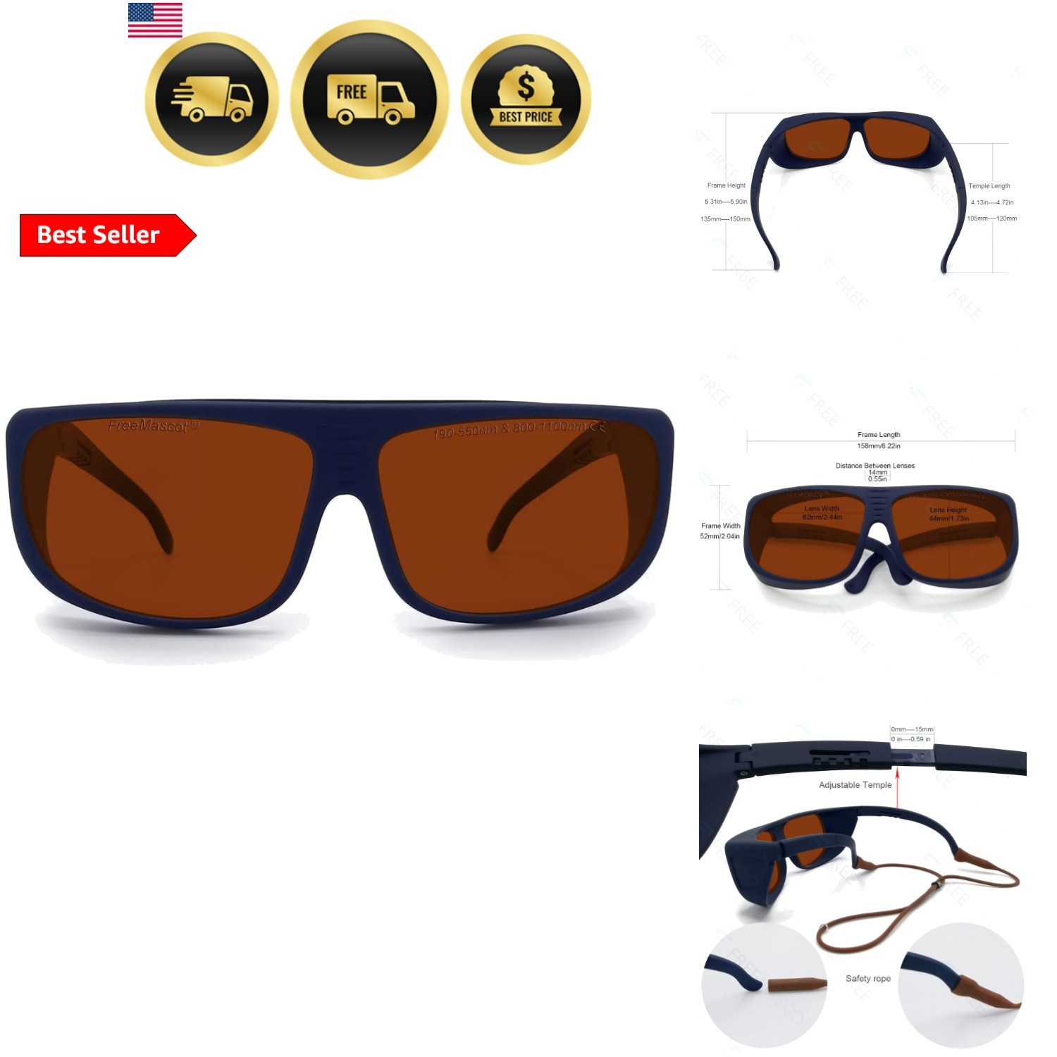 OD 6+ 190nm-550nm / 800nm-1100nm Wavelength Professional Laser Safety Glasses