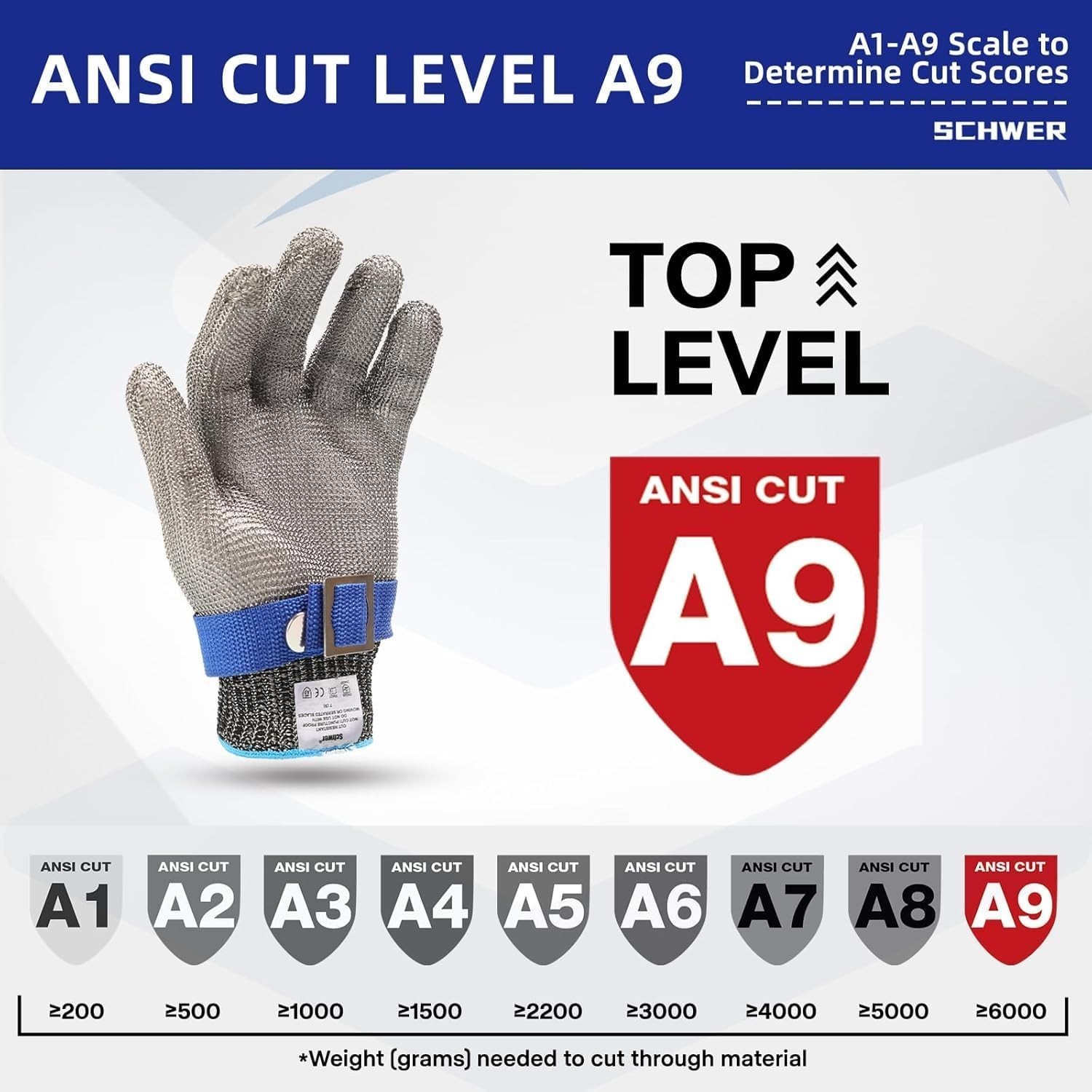 Schwer Slicepro ANSI A9 Cut Resistant Glove PR1706, Stainless Steel Mesh Metal G