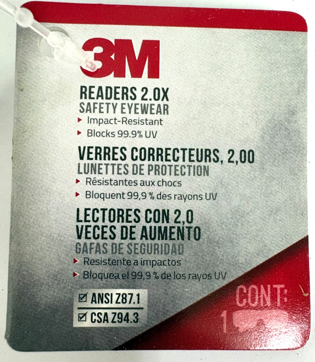 3M READERS SAFETY GLASSES +2.00 BLACK FRAME CLEAR LENS 91192HI-C