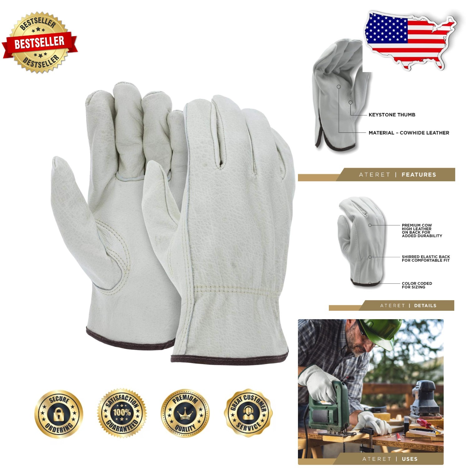 12 Pair Medium Leather Work Gloves – Durable Grain Cowhide, True Fit