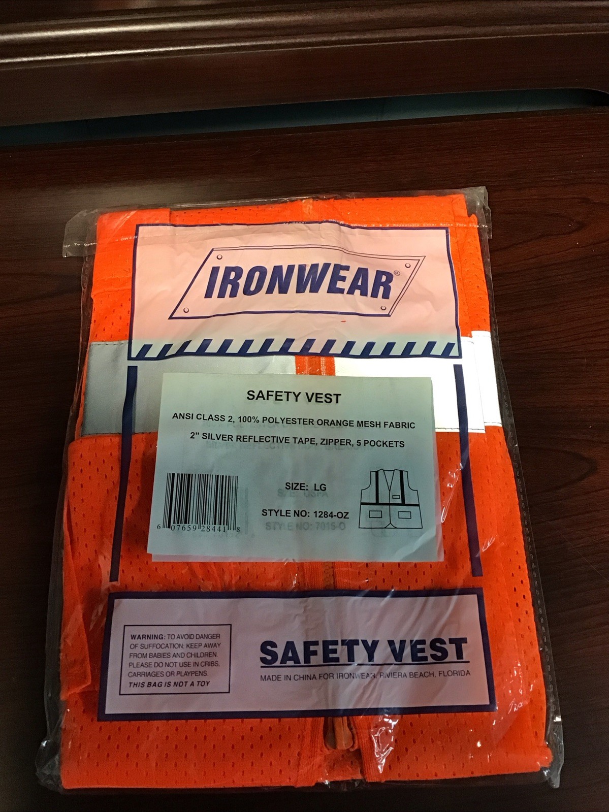 Ironwear, Orange Safety Vest, SizeLG, 2” Silver Reflect, Zip, 5Pocket, #1284-OZ