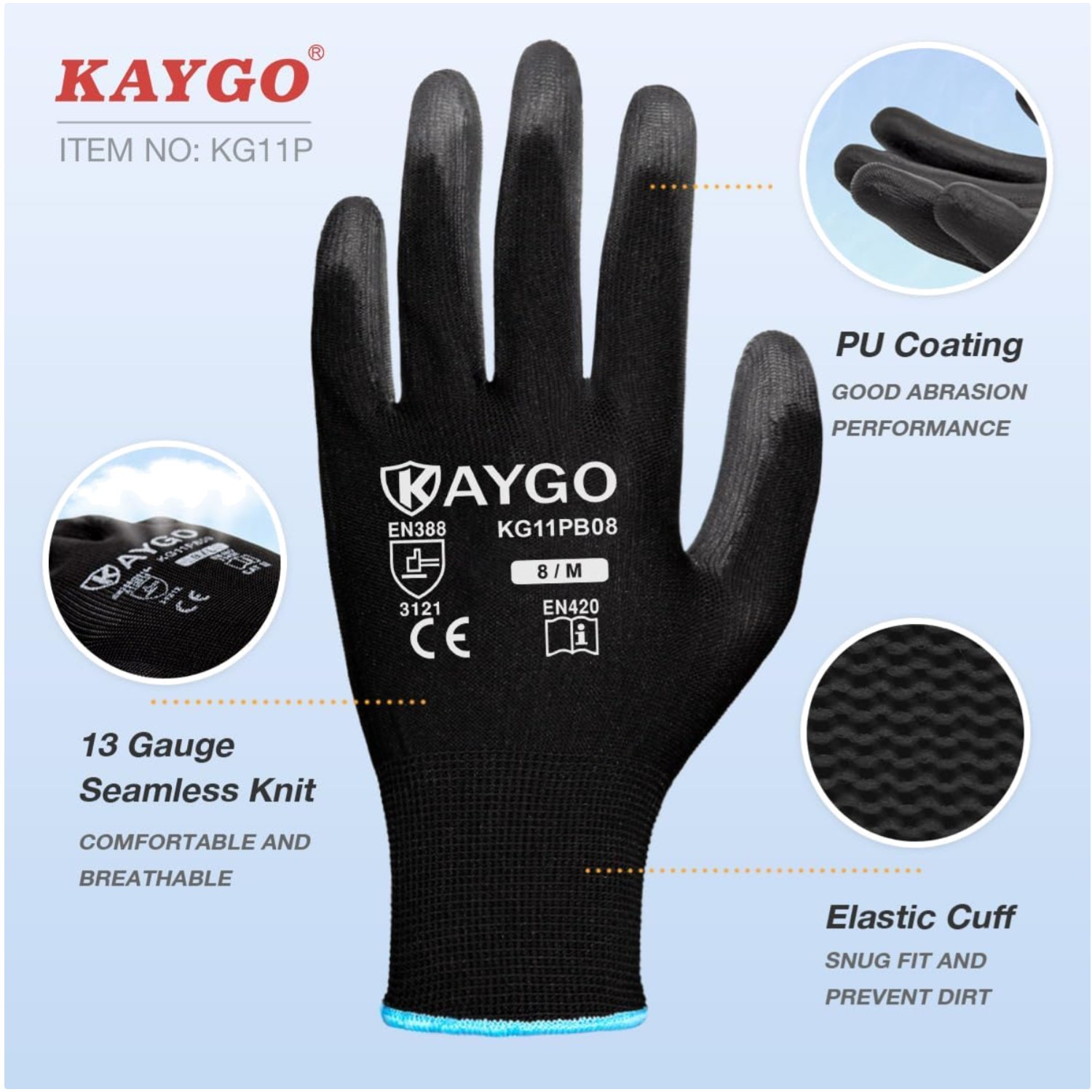 Lightweight PU Coated Safety Work Gloves