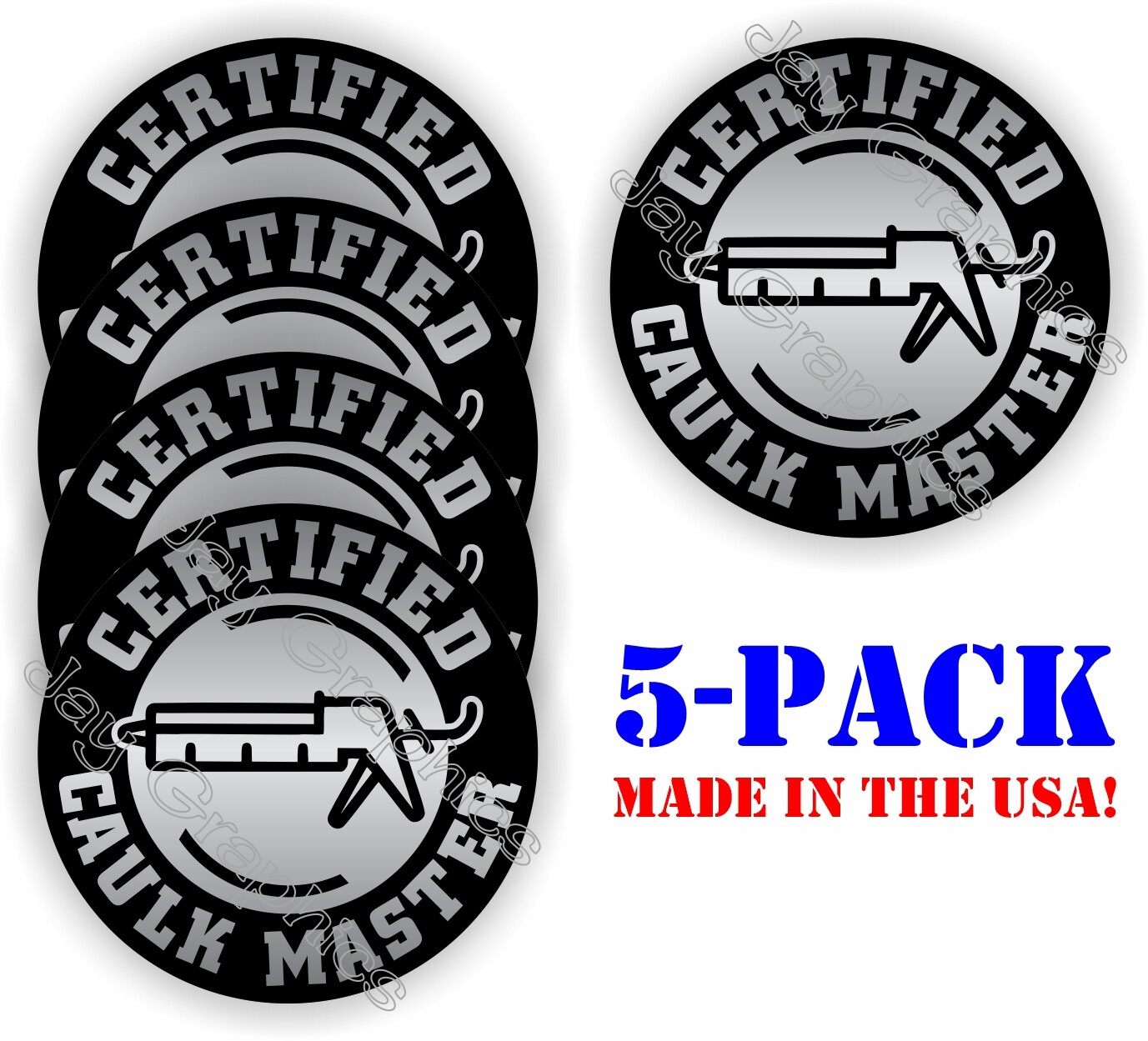 5pk Hard Hat Stickers | Funny Certified CAULK MASTER Helmet Decals Caulking Gun