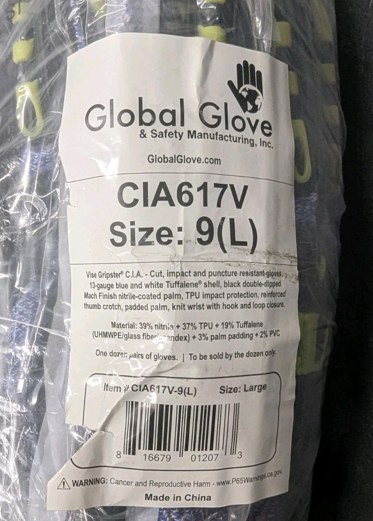 Large 12 Pack C.I.A. Cut Impact and Abrasion Resistant Work Gloves CIA617V