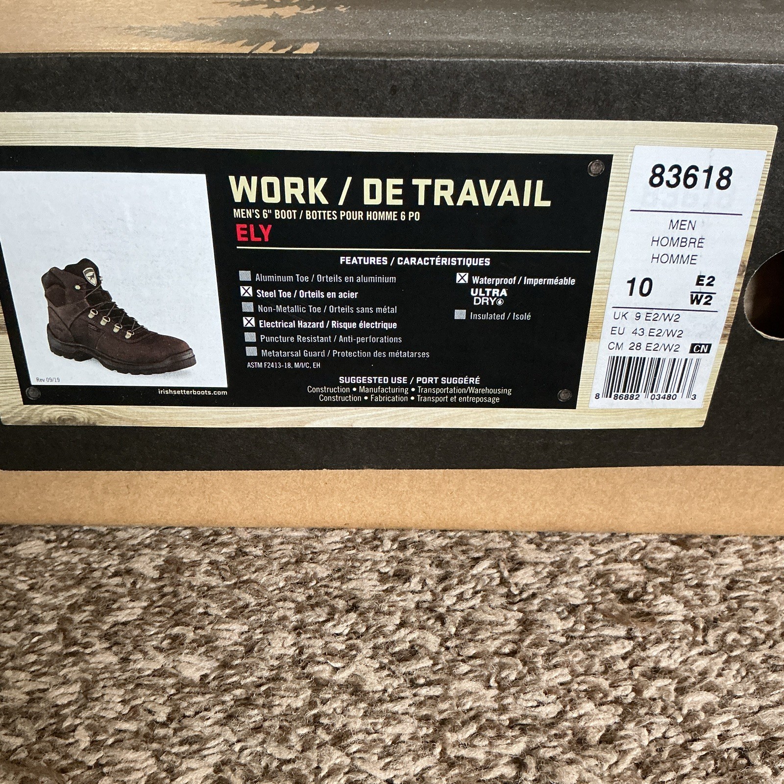 Irish Setter Ely 83618 Work Boots Men’s 10 Wide (E/W) Electrical Hazard EH