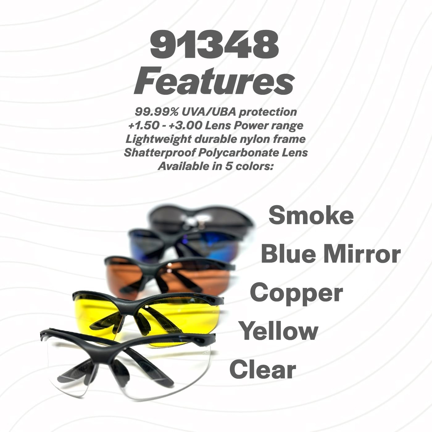 Calabria 91348 Bifocal Safety Glasses+2.00 Clear Smoke Copper Yellow 4 Pack Bulk