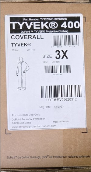 NEW, BOX OF 25EA DUPONT TYVEK 400 3X COVERALL TY127SWH3X002500